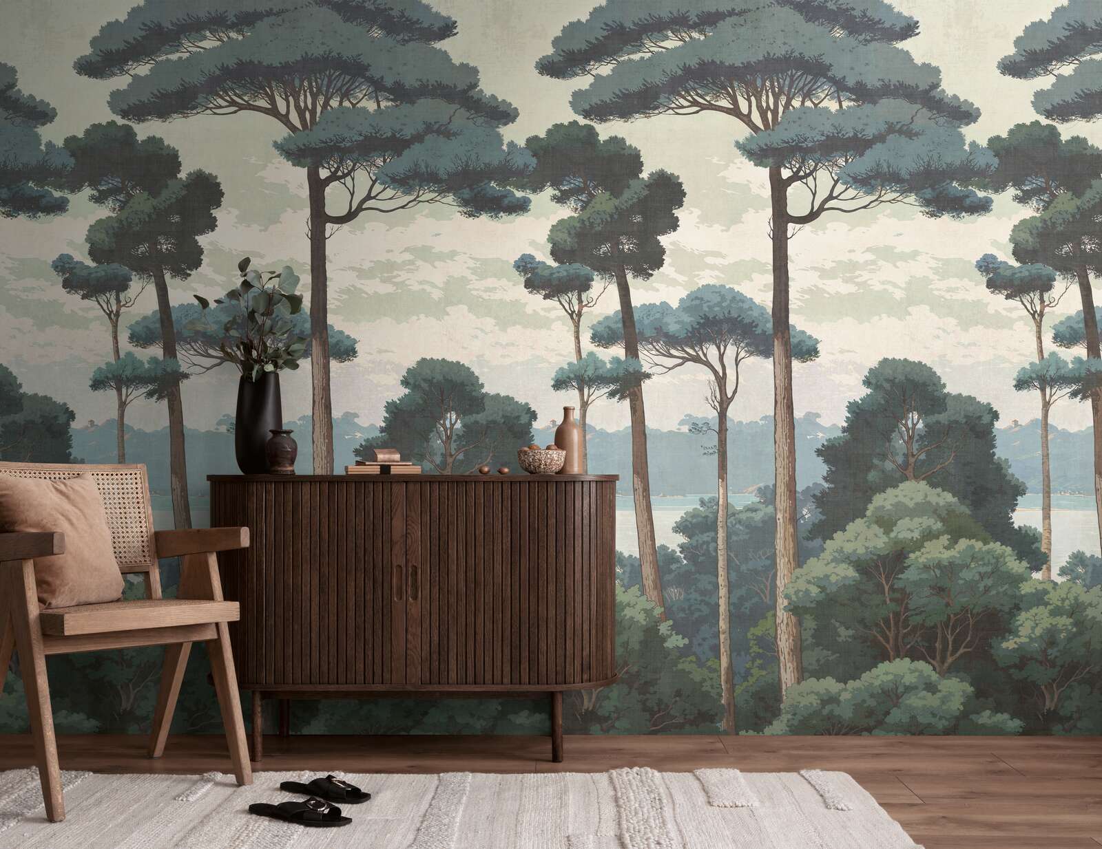 Forest mural, Wandtapete, Kiefern, Wohnzimmerschrank, Vasenarrangement