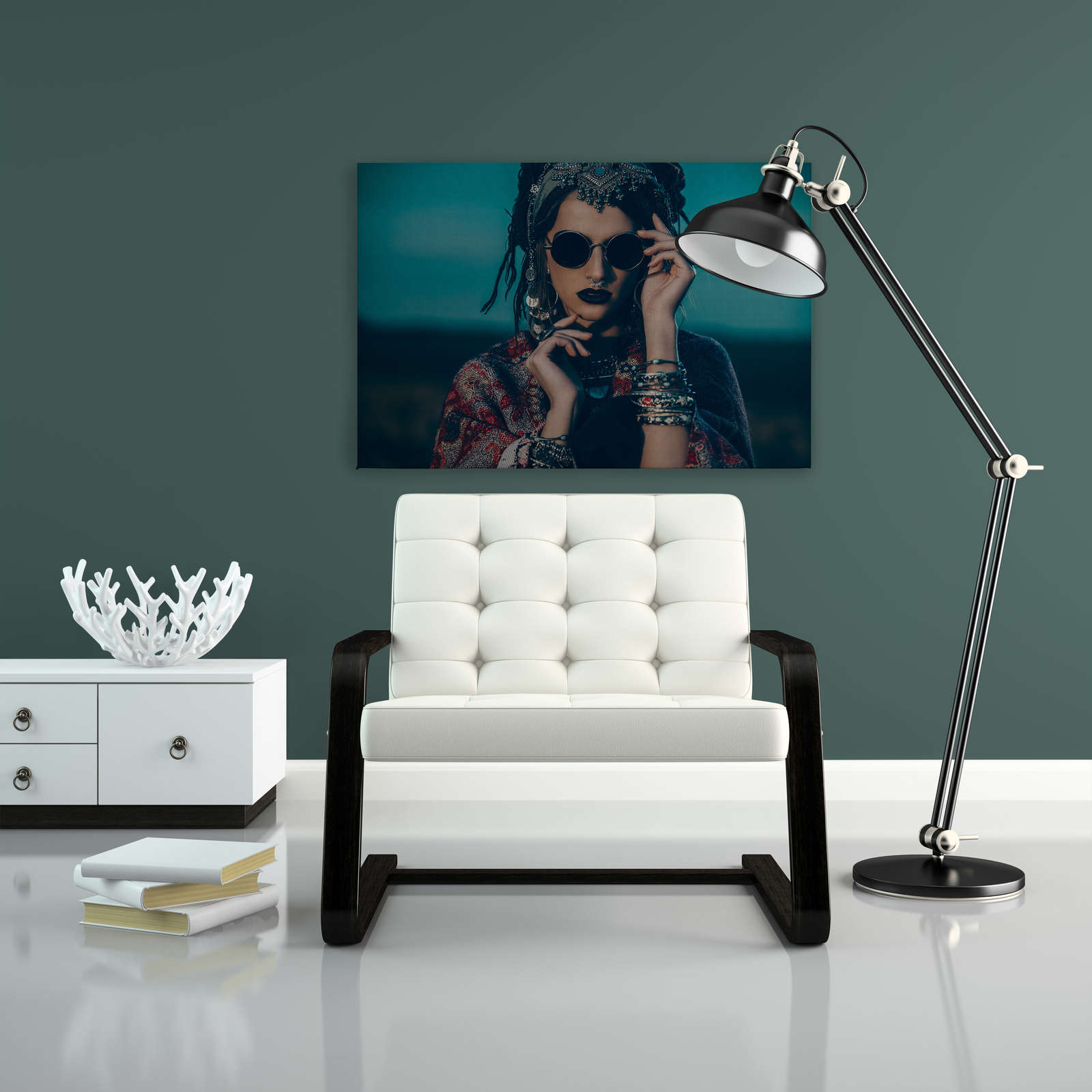             La bohème 1 - Leinwandbild mit Frau im Bohostyle auf naturleinen Struktur – 0,90 m x 0,60 m
        