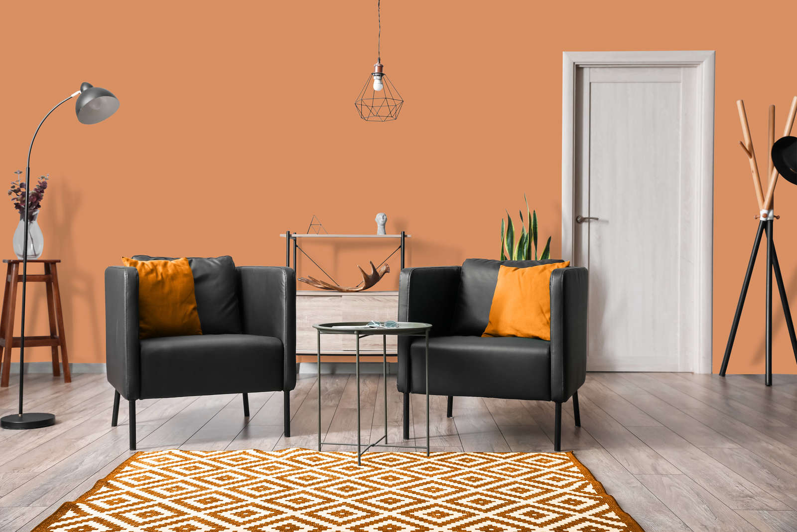 sofa, armchair, Wohnzimmer, orangen Wand, Teppich