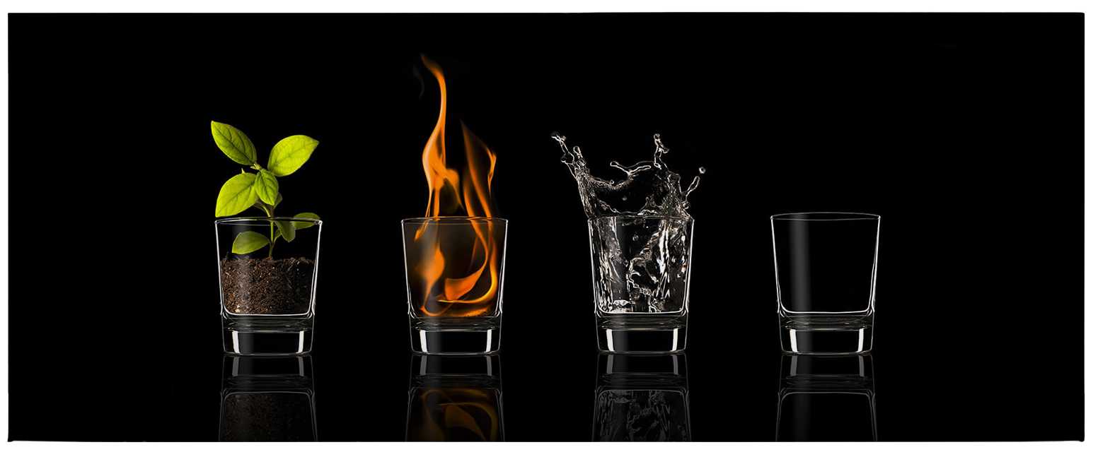             Panorama Leinwandbild Gläser gefüllt mit den vier Elementen – 1,00 m x 0,40 m
        