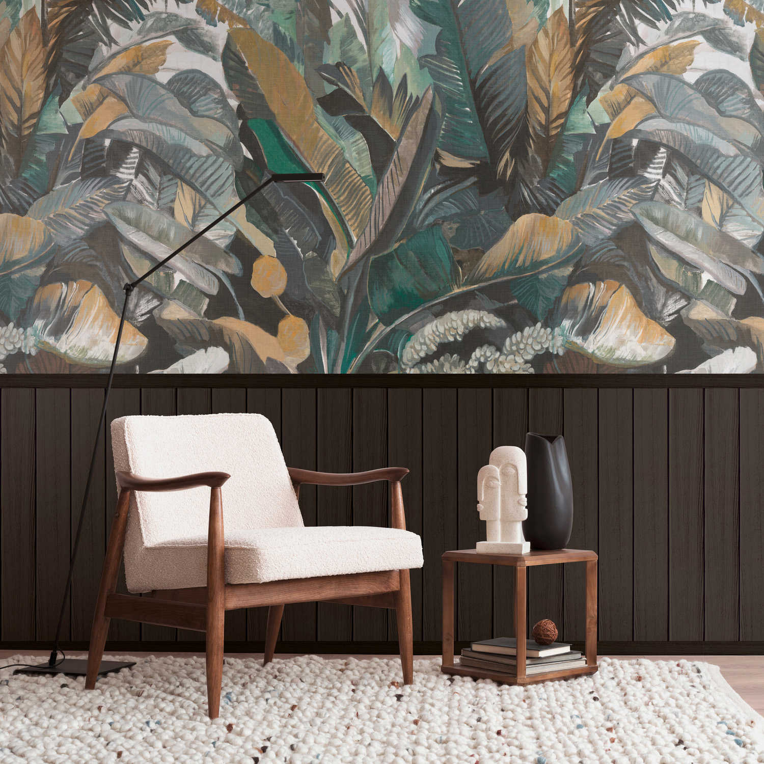         Vlies-Motivtapete mit Holz-Optik-Sockelborte und Dschungelmuster – Schwarz, Grün
    