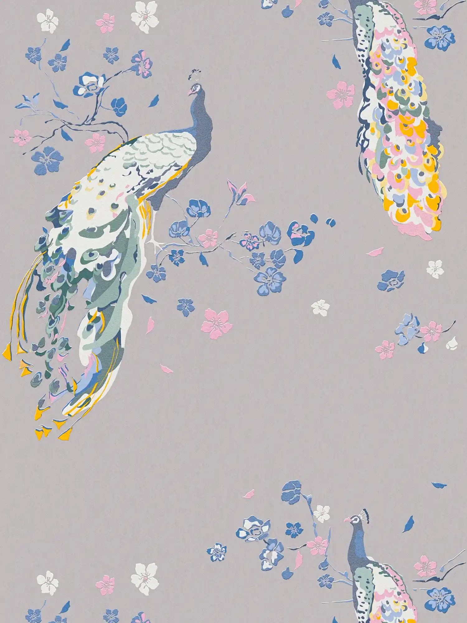         Non-woven wallpaper with peacock pattern and glossy effect - grey, blue, colourful
    