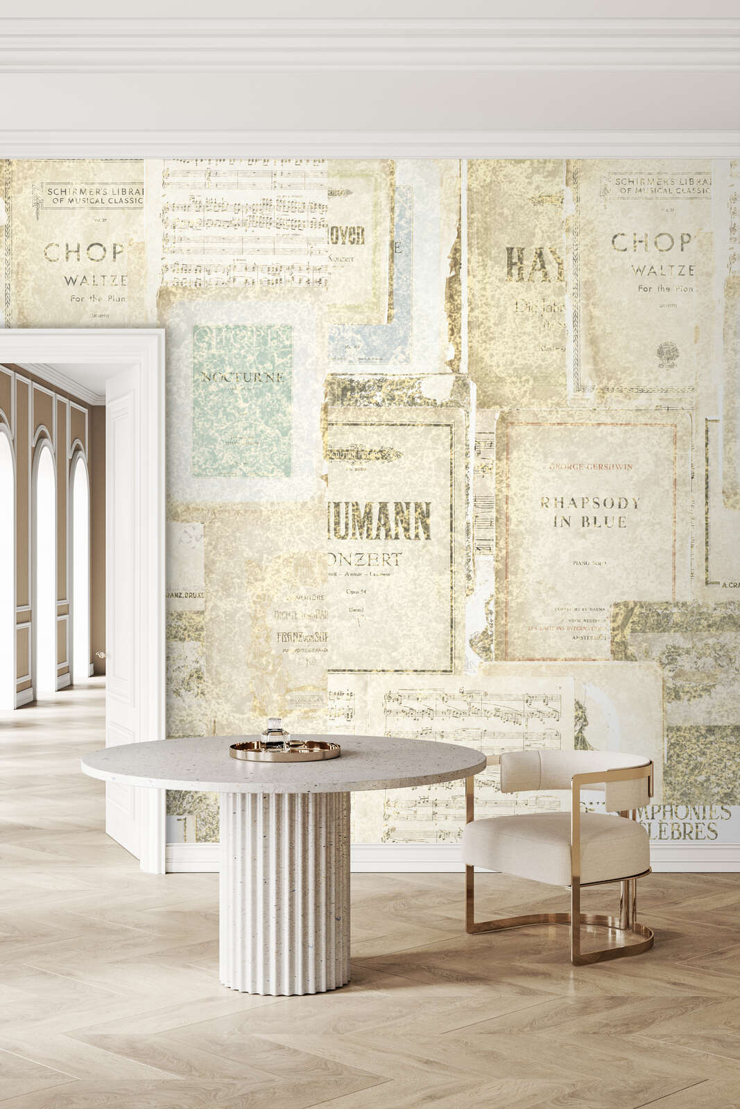 wallpaper,  mural,  runder tisch,  terrazzo tisch,  sessel