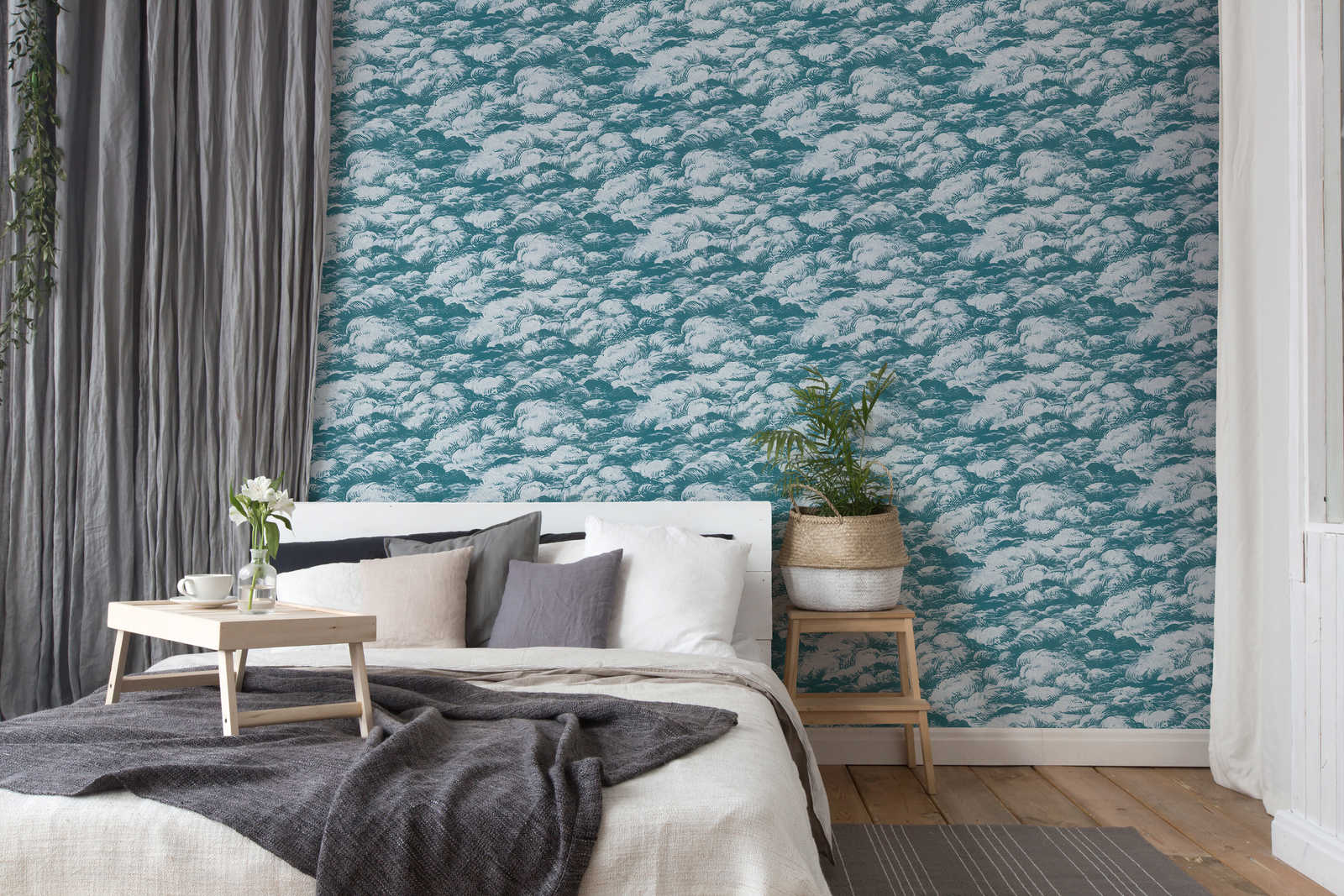 Tapete Blaugrün Wolken Landschaft im Vintage Stil – Blau, Weiß