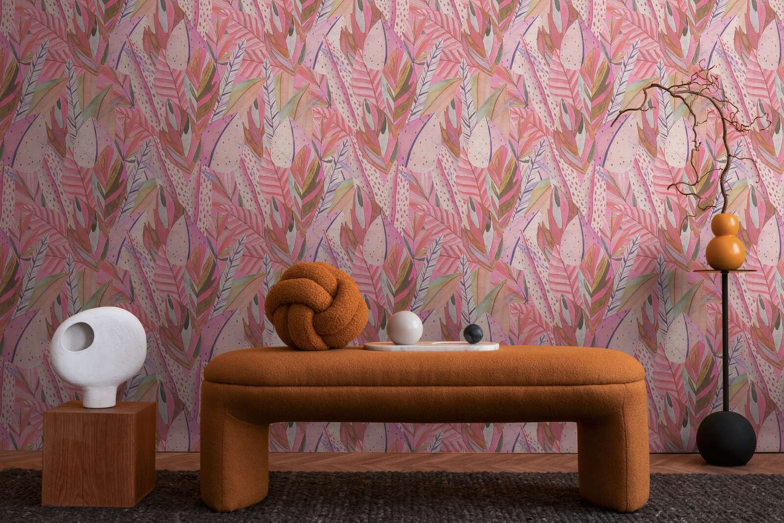             Auffällige Vliestapete mit leuchtendem Blättermotiv und leichter Oberflächenstruktur – Bunt
        