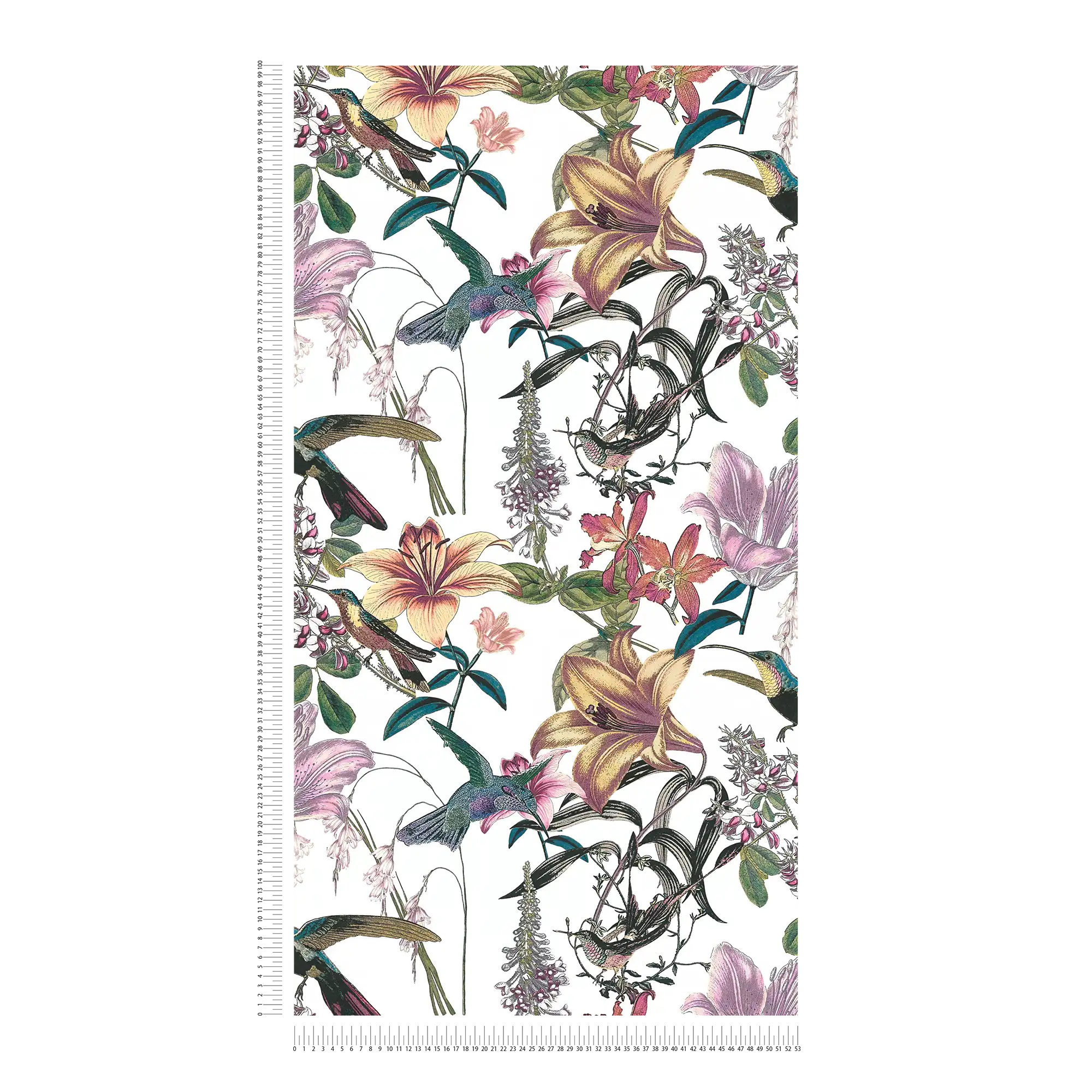             Bunte Blumentapete mit Kolibri Design – Bunt, Grün, Gelb
        