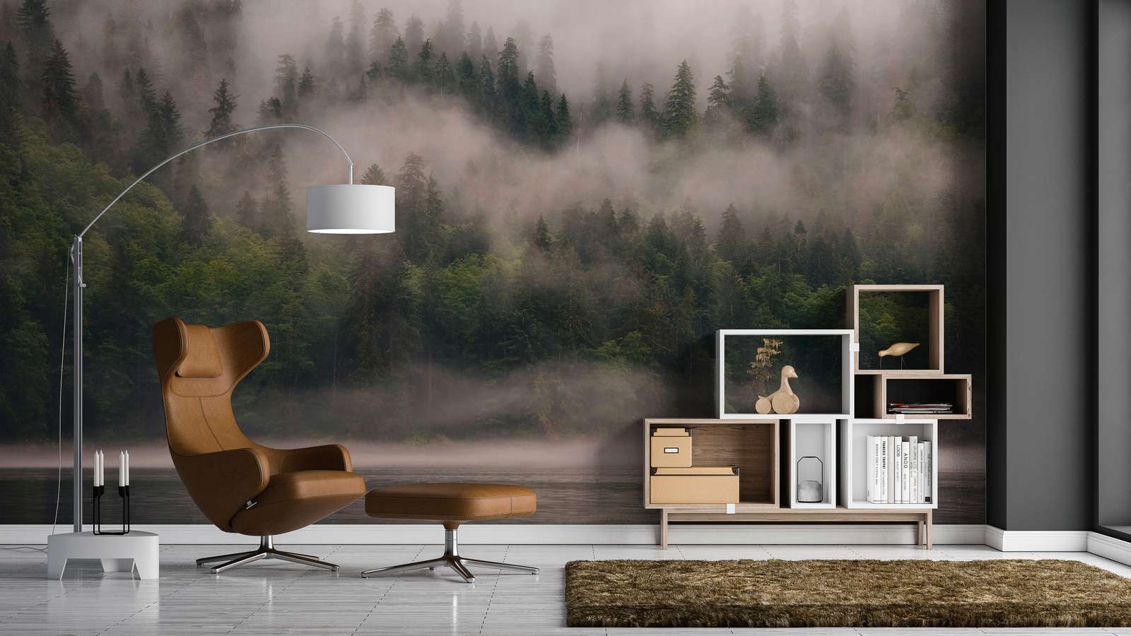             Fototapete vernebelter Wald am See – Grün, Weiß, Beige
        