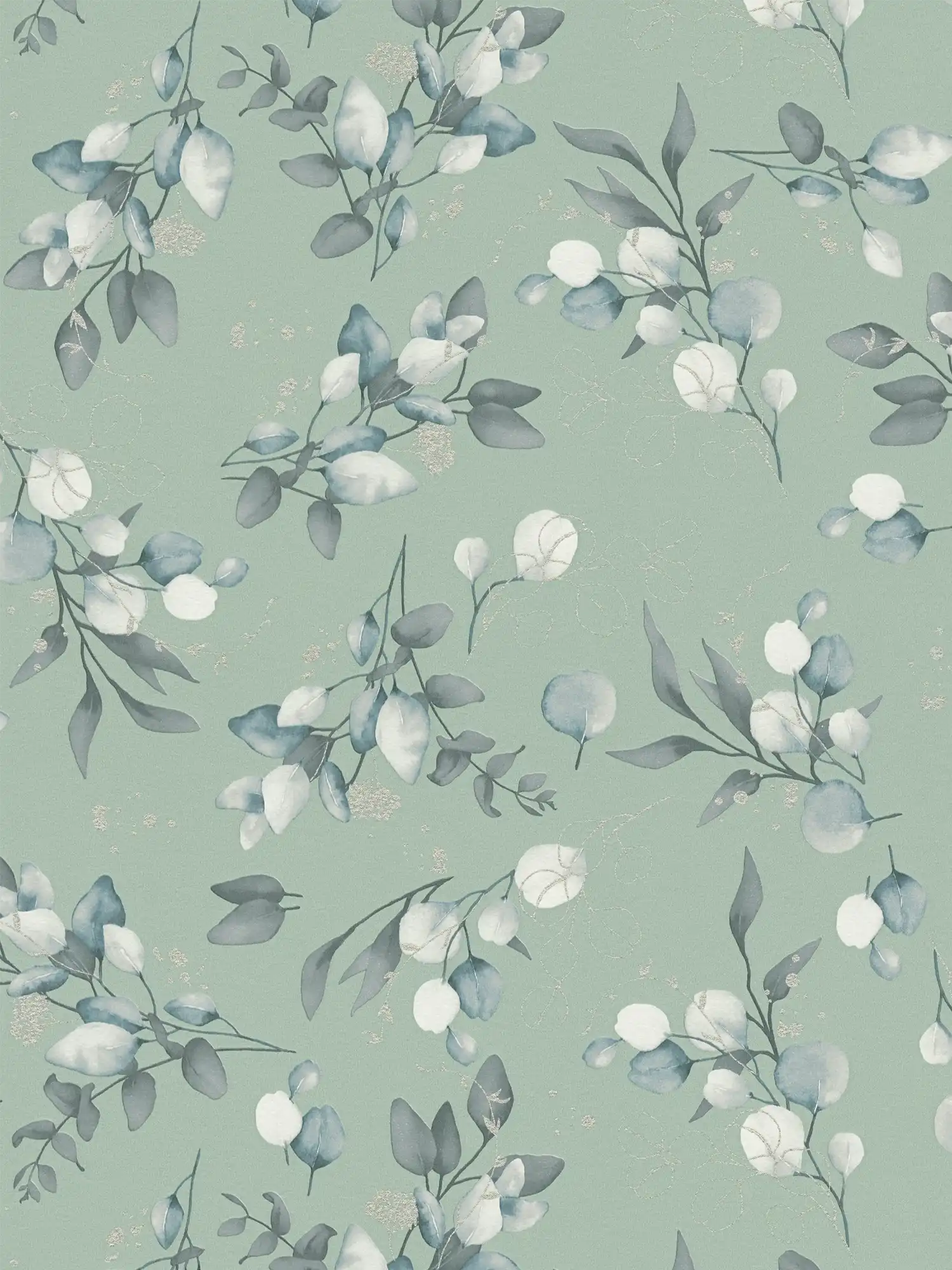 Smooth non-woven wallpaper with an elegant floral design - green, grey, blue