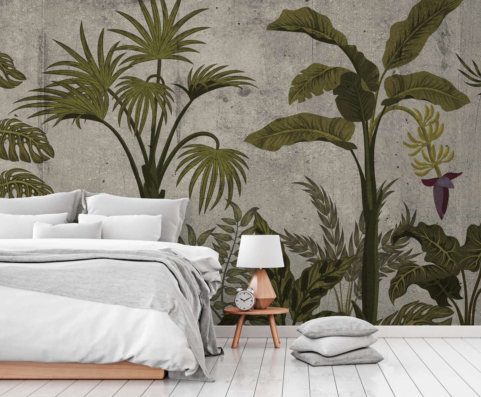wandtapete, pflanzenmuster, große blätter, bettdeko, bettzimmer decor