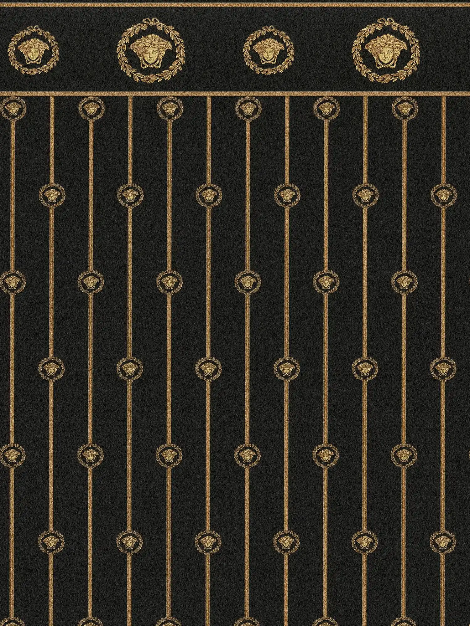        Vliesbehang van VERSACE met Medusa-motief en filigraanornamenten, glanzend en licht gestructureerd - zwart, goud, Metallic
    