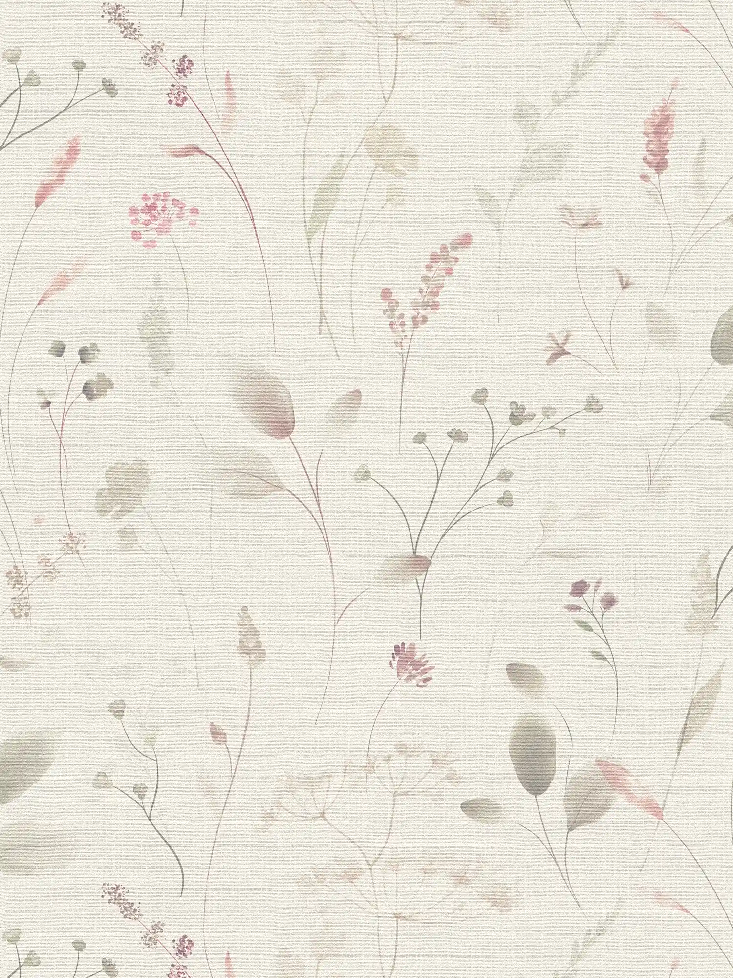         Natürliche Vliestapete mit Blüten und Gräsern sanft strukturiert und mit mattem Finish – Weiß, Braun, Grün
    