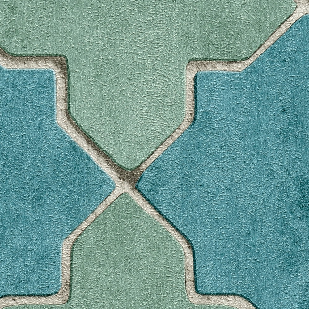             Fliesen-Tapete Mosaik-Optik – Blau, Grün, Beige
        