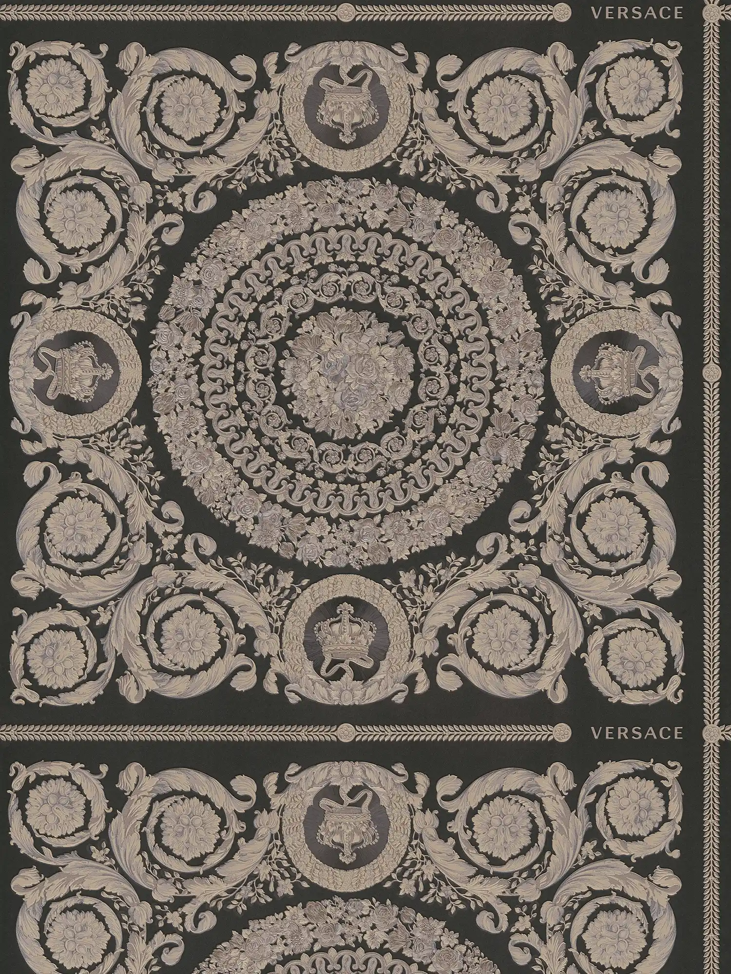 VERSACE Baroque non-woven wallpaper with floral ornaments light sheen background smooth, pattern textured - black, beige, grey