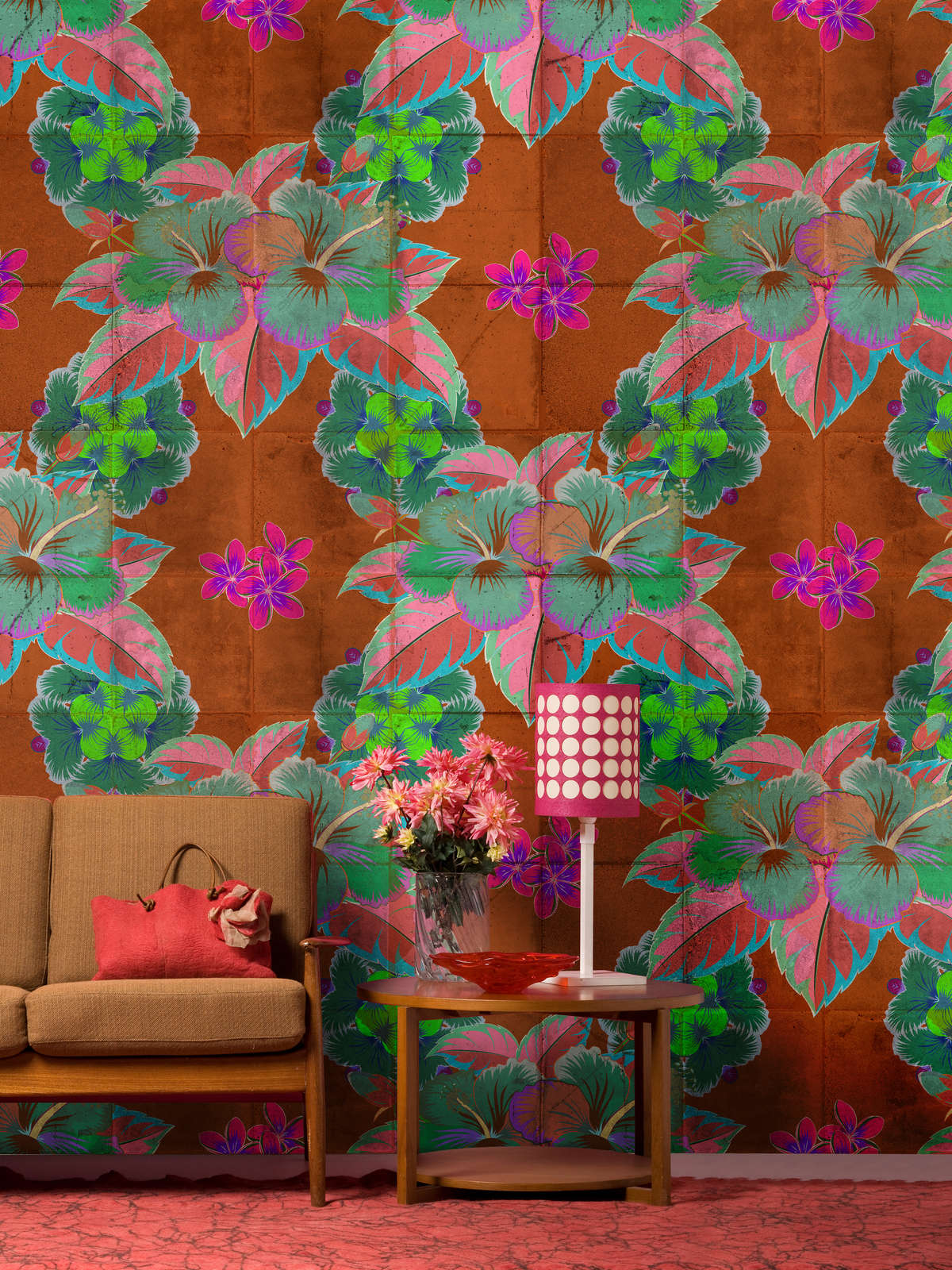 Photo wallpaper »pierre« - Leaf design with kaleidoscope effect on concrete tile structure - Smooth, slightly shiny premium non-woven fabric