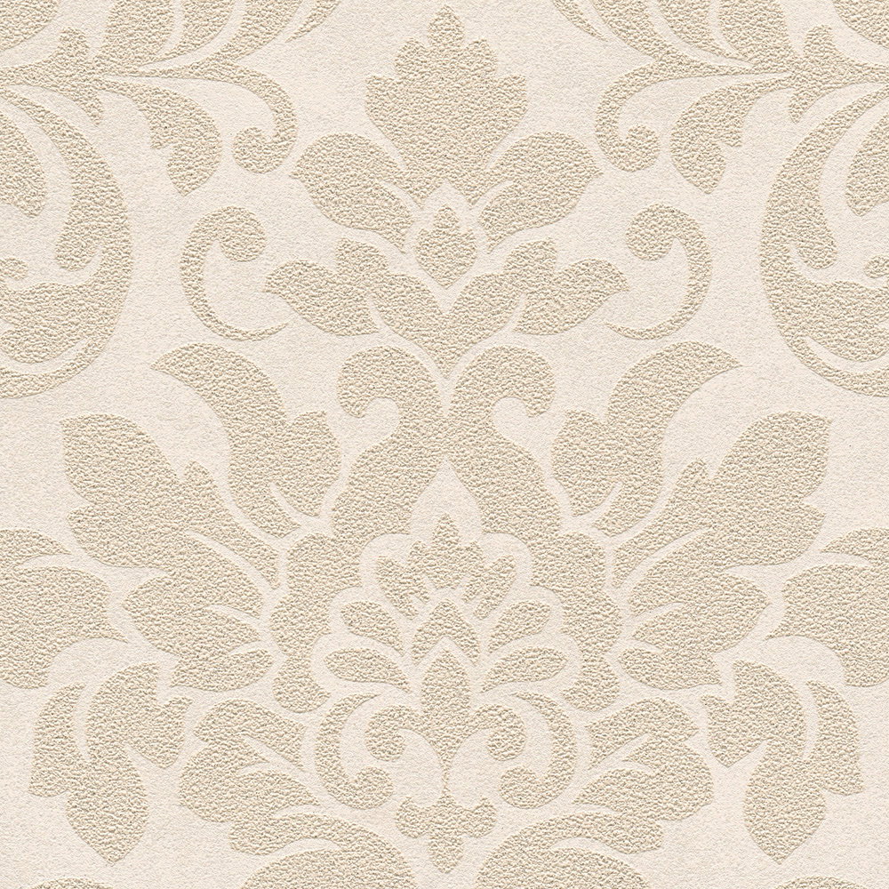             Florale Ornamenttapete mit Metallic-Effekt – Beige, Creme, Gold
        