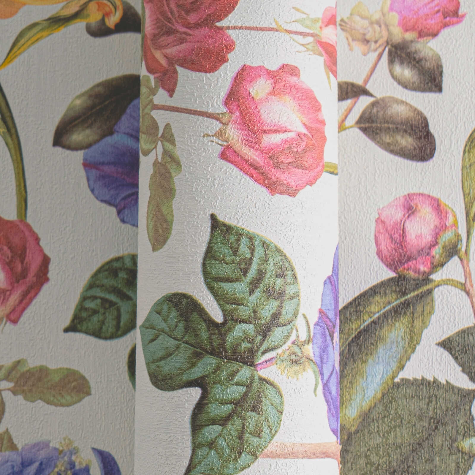             Blüten-Tapete mit Blumen in leuchtenden Farben – Bunt, Grün, Grau
        