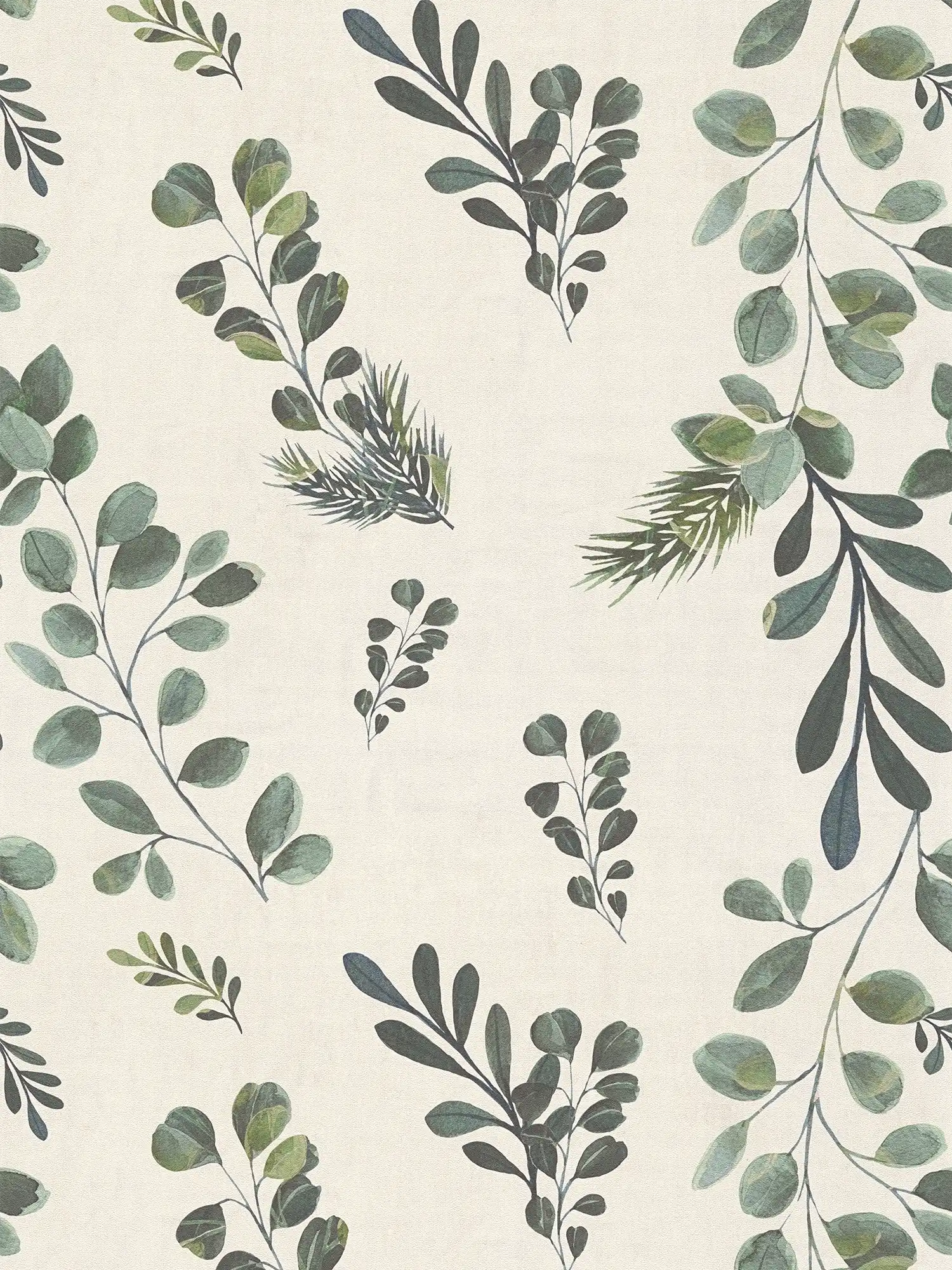         Natürliche Vliestapete mit filigranem Blatt- und Zweigmuster, ebenmäßige Struktur – Beige, Grün
    