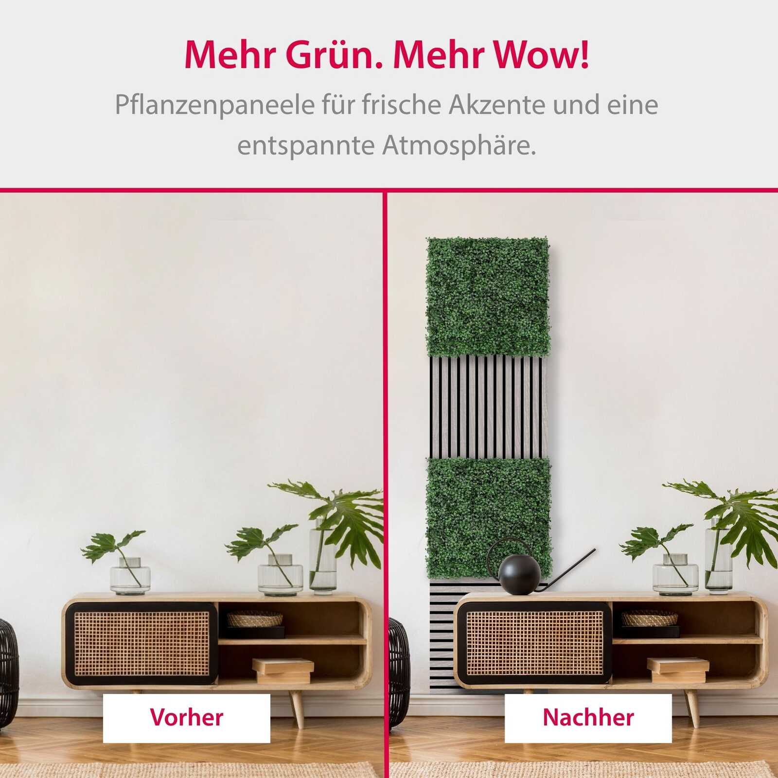 wohnwand, sideboard, pflanzenpanel, dekor, grün