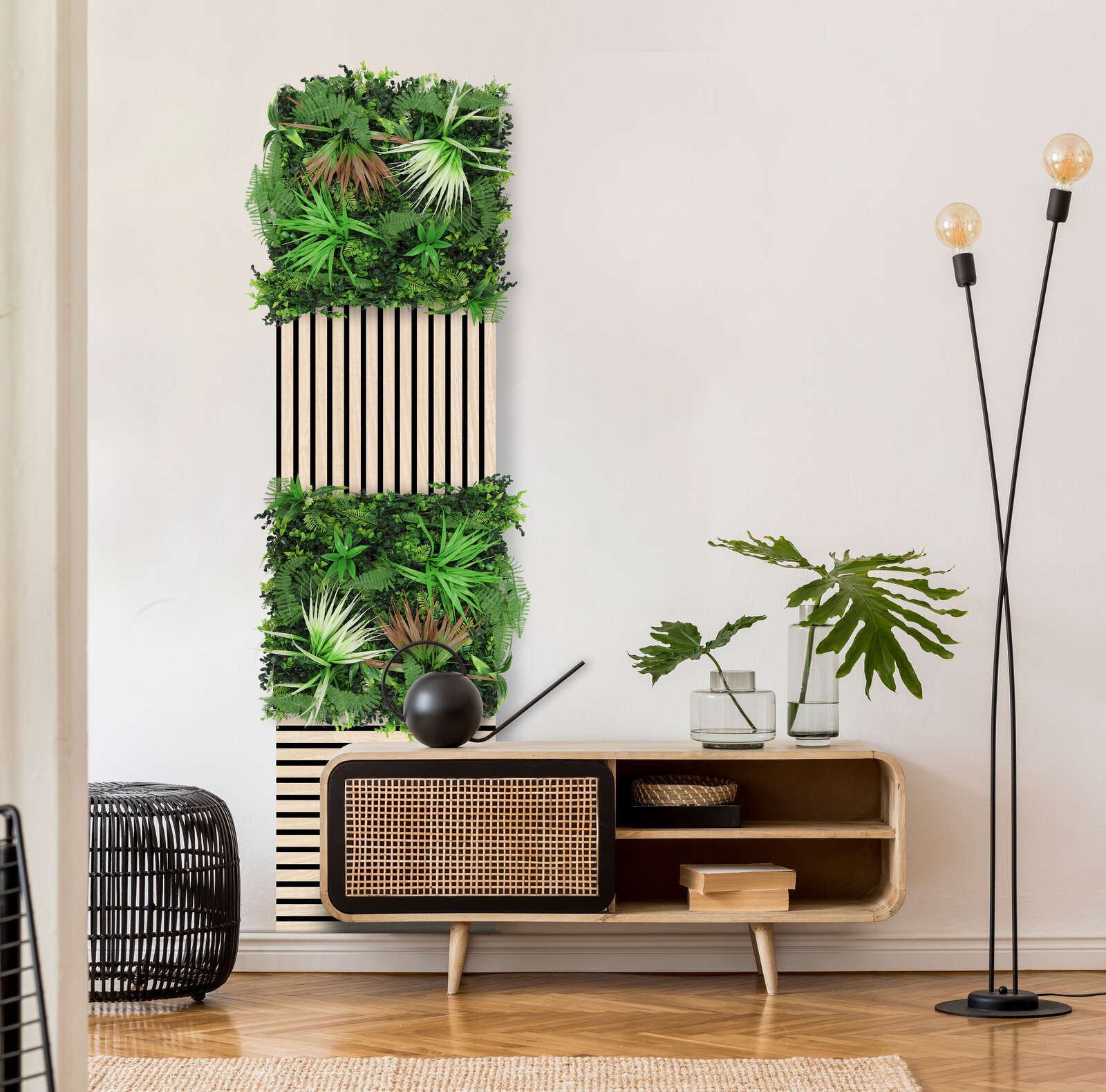 wohnzimmer, pflanzenwand, möbel, holzton, decor