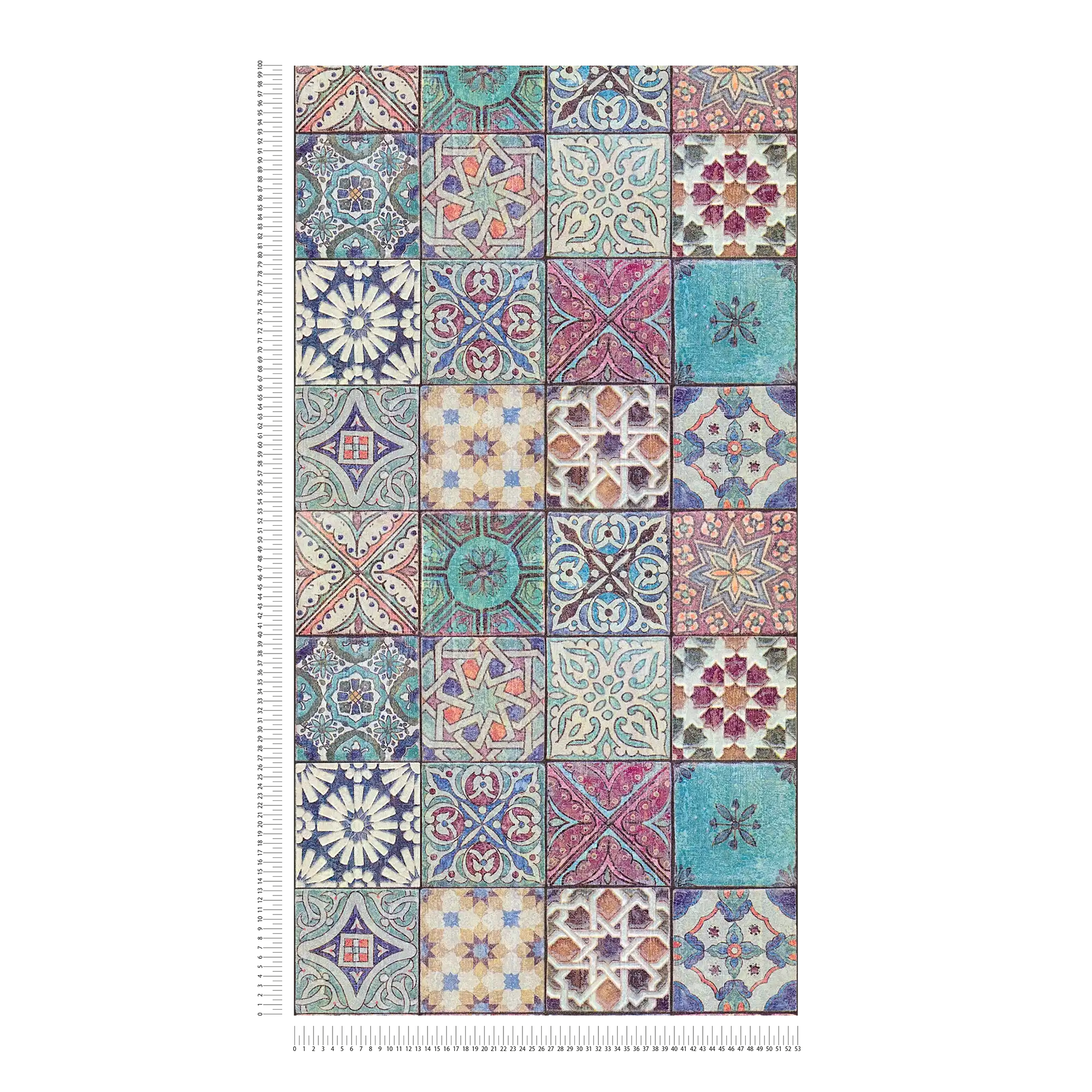             Papier peint carrelage aspect mosaïque - bleu, violet, crème
        