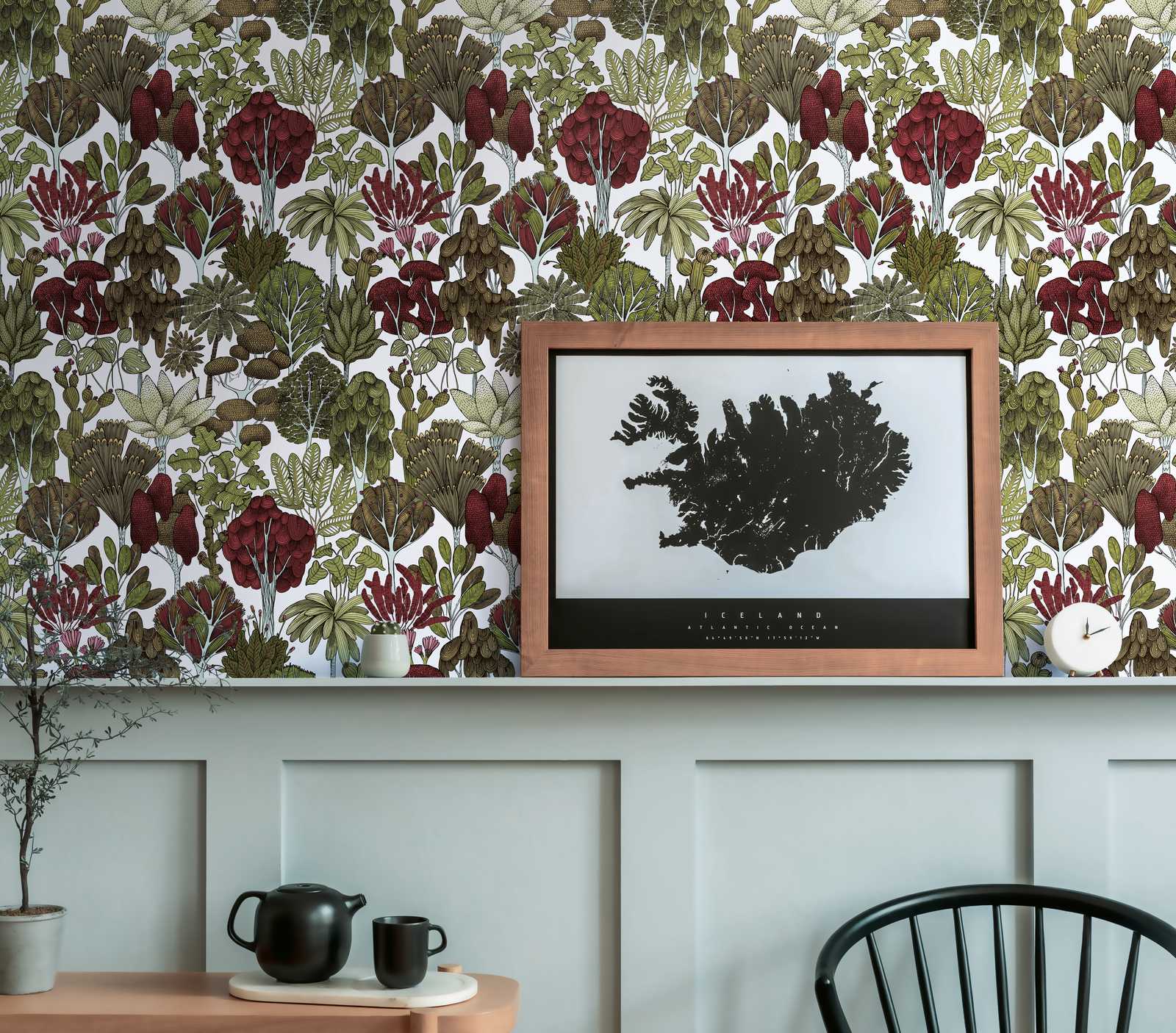             Tapete Bäume & Palmen im Doodle Design – Grün, Gelb, Weiß
        