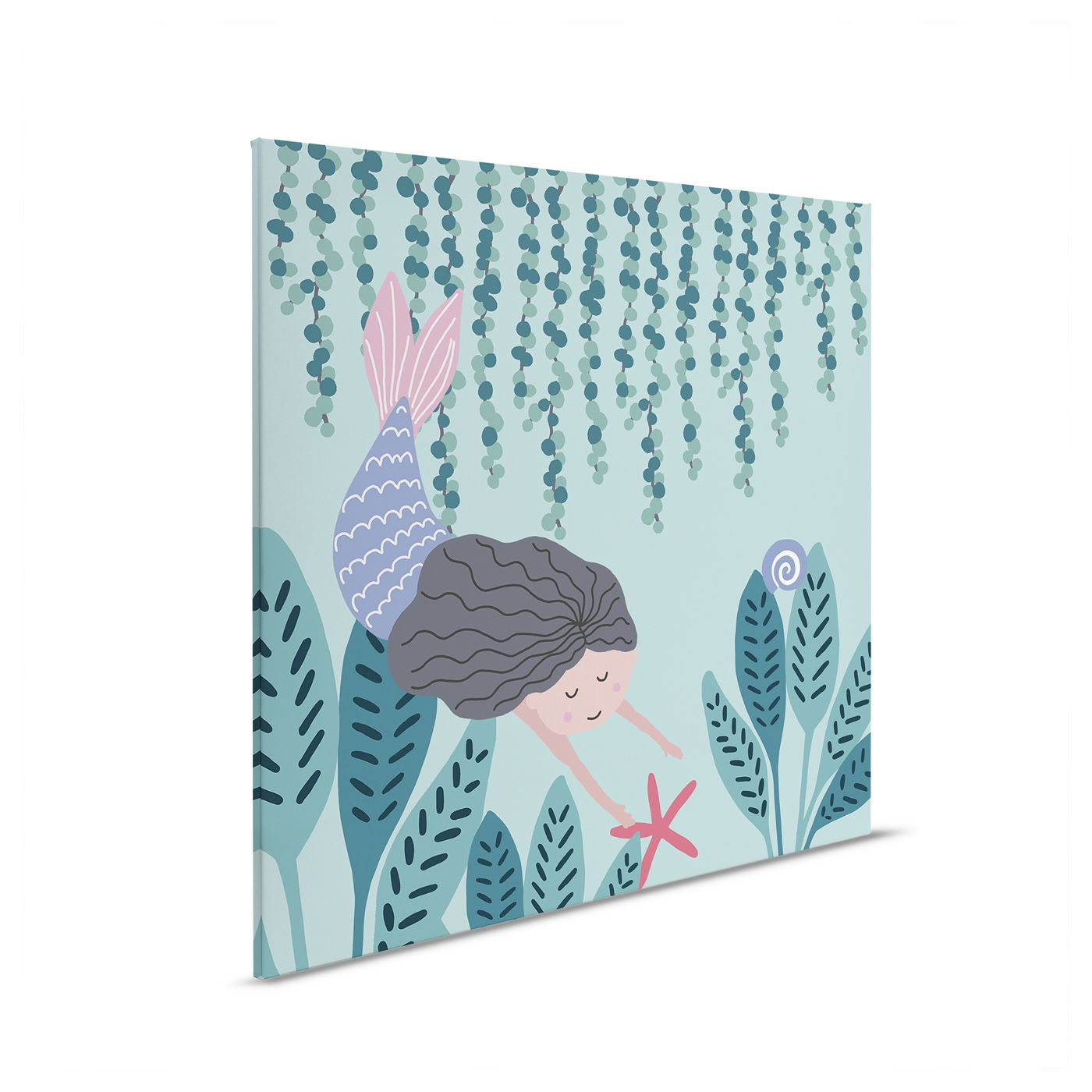         Leinwandbild Meerjungfrau mit Seestern - Verspielte Unterwasserszene für Kinderzimmerdekoration – 30 x 30 cm - Blau, Grün
    