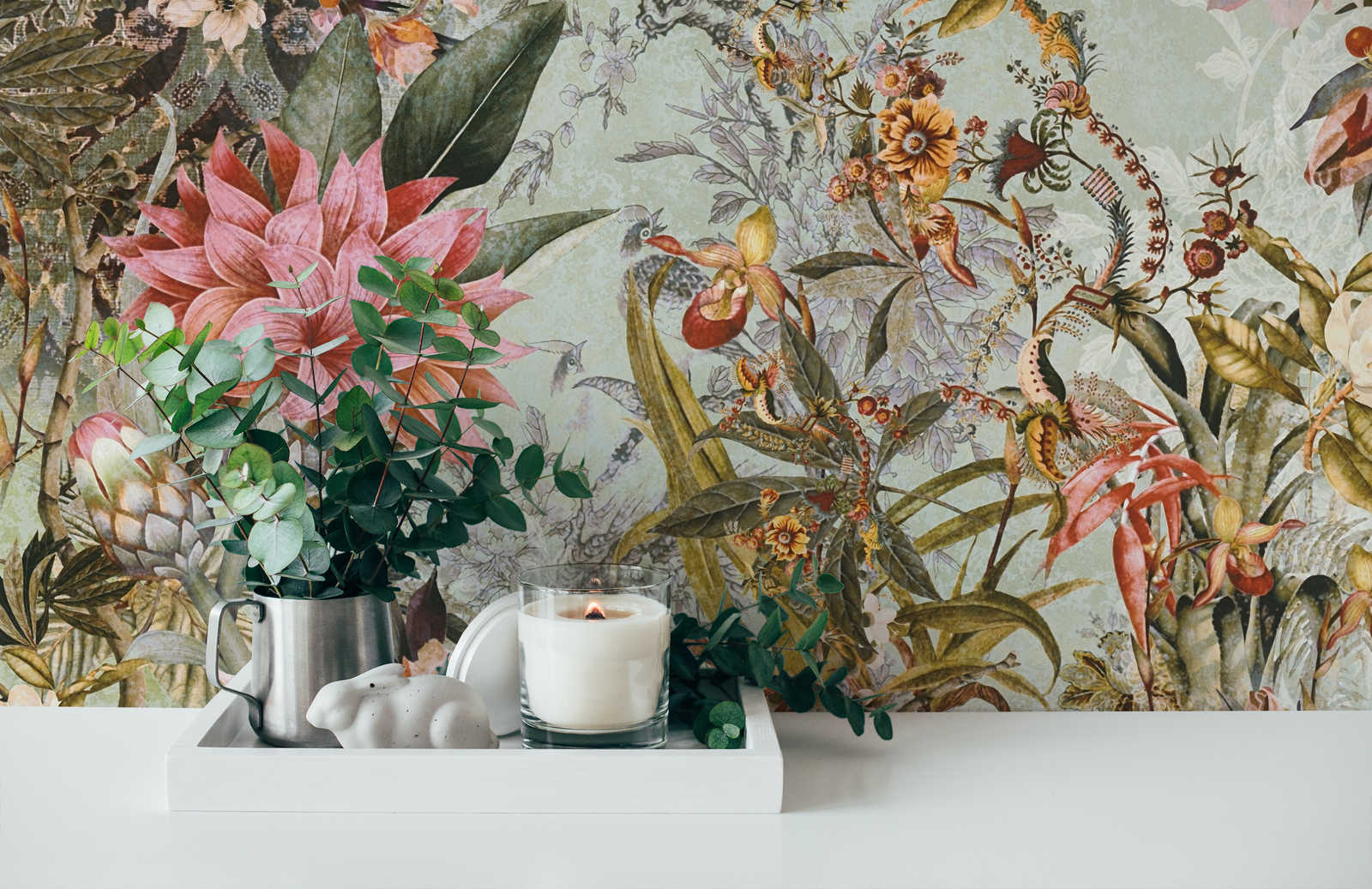             Vliestapete Vintage Dschungel Muster – Grün, Rosa
        