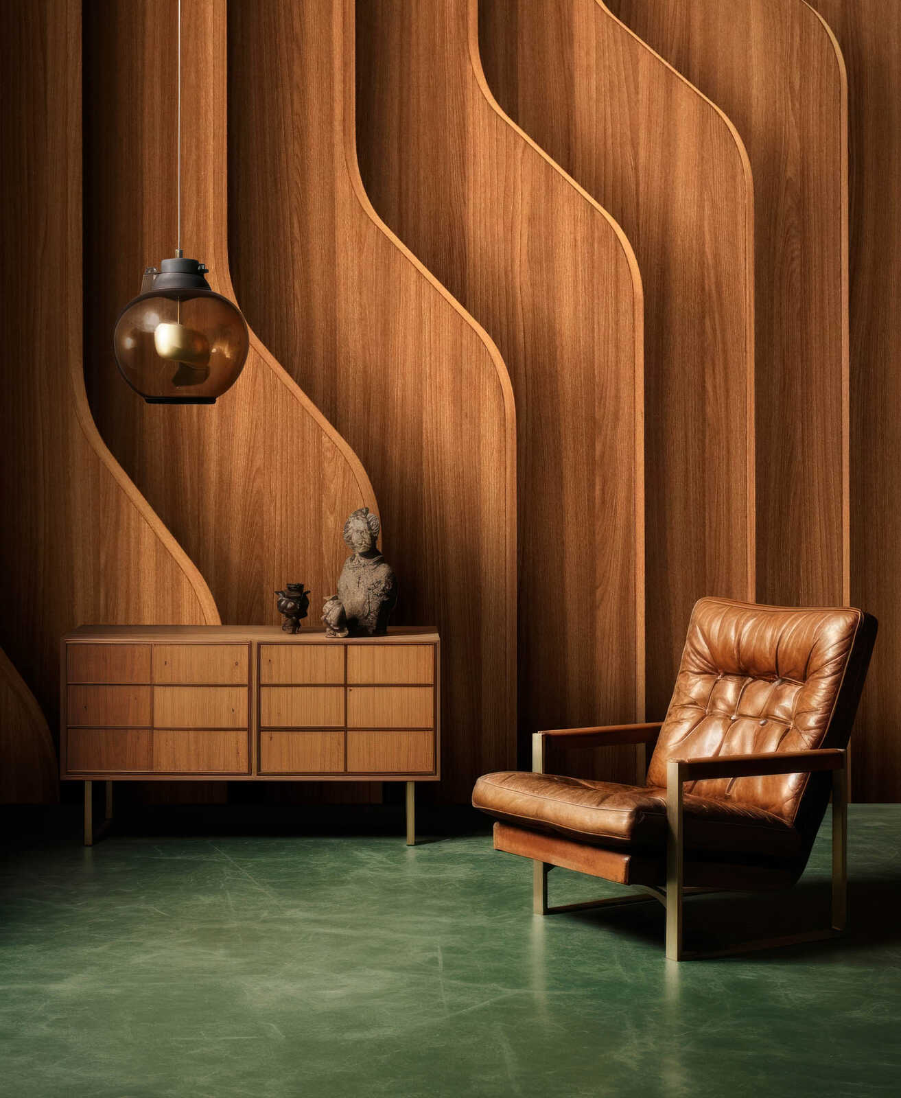 Holzverkleidung, Mid-Century-Stuhl, Lederstuhl, braunes Sideboard, Dekorstatue