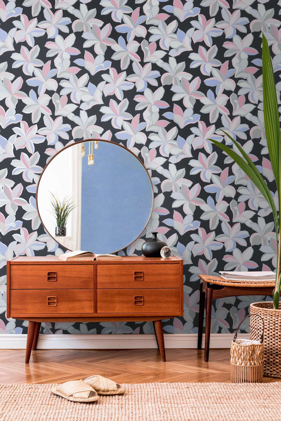 Floral pattern with glossy effect and fine texture - black, grey, pink