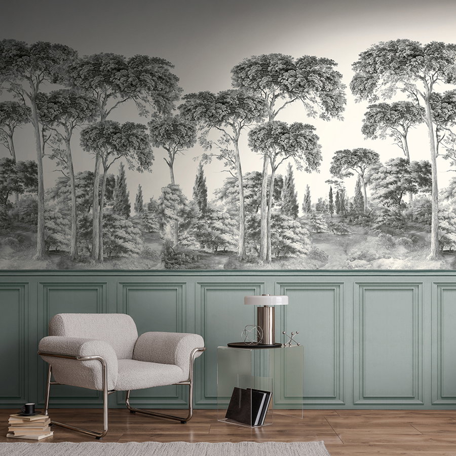 Wandtapete, Waldmotiv, Graustufen, Paneelwand, Sessel