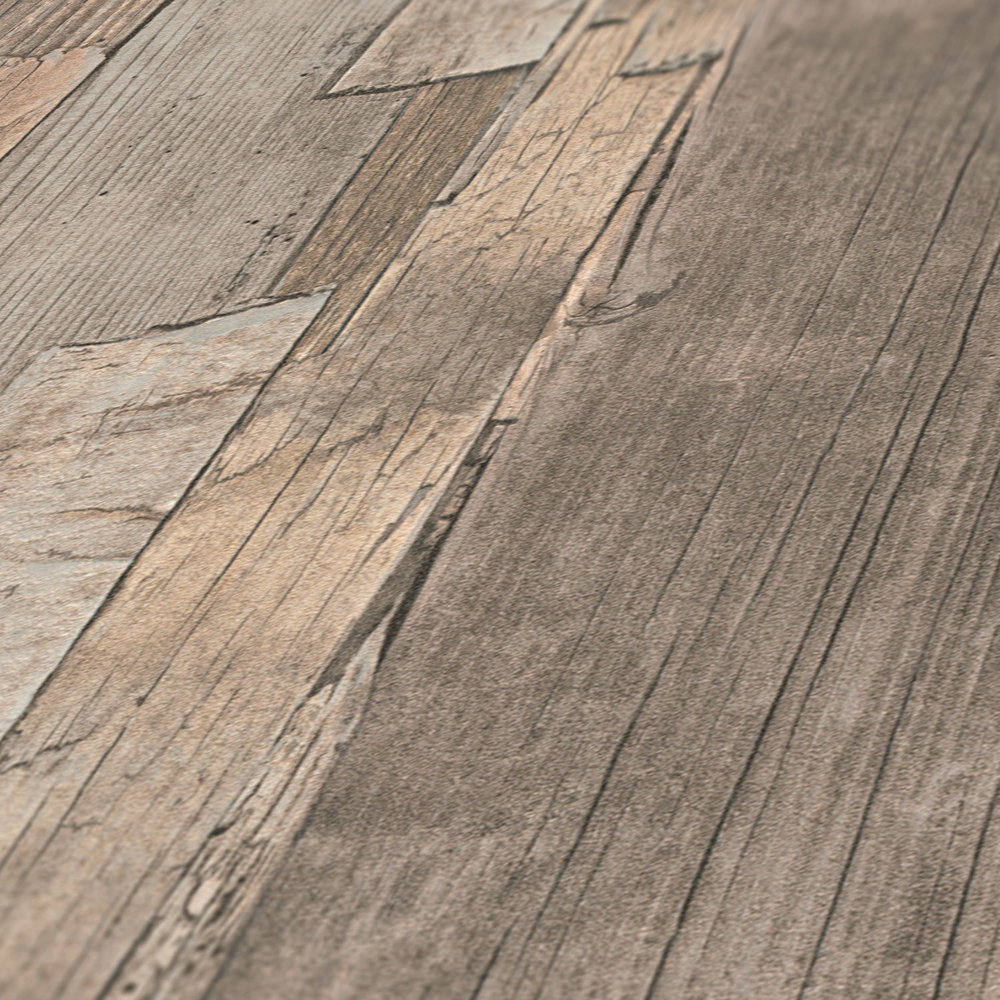             Tapete mit Brettermuster, Holz im Used Design – Beige, Braun
        