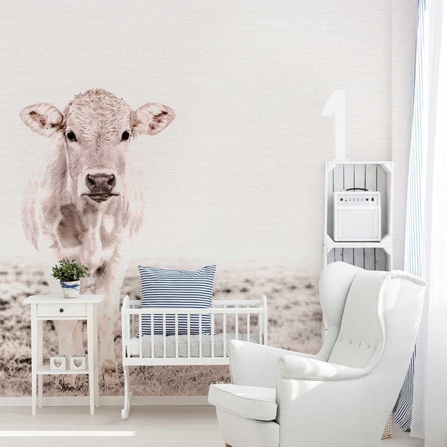 Babyzimmer, Sandfarben, Kuhwall mural, Kinderbett, Weißes Möbelset