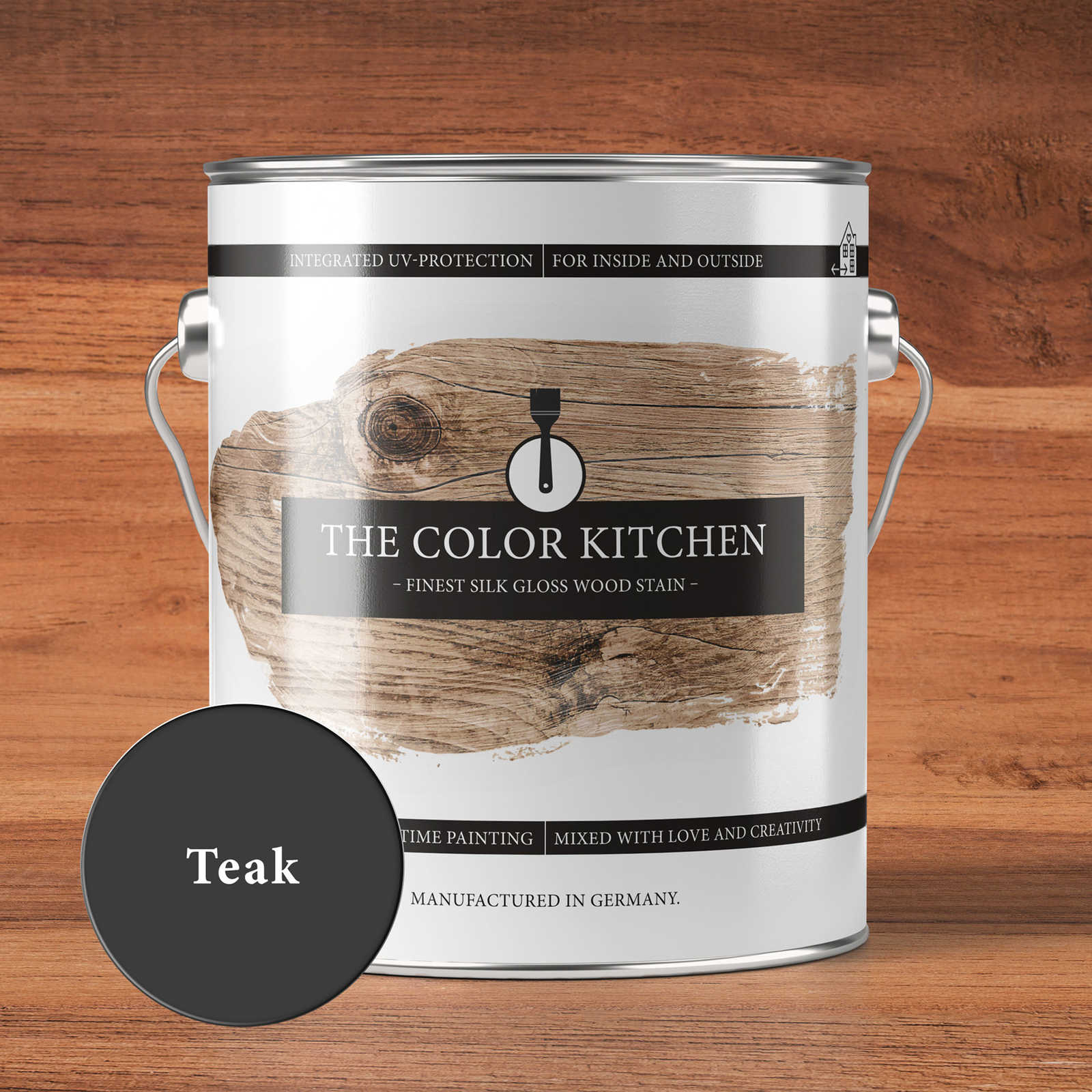 teak, holz stain, farbtopf, silberne dose, etikett design