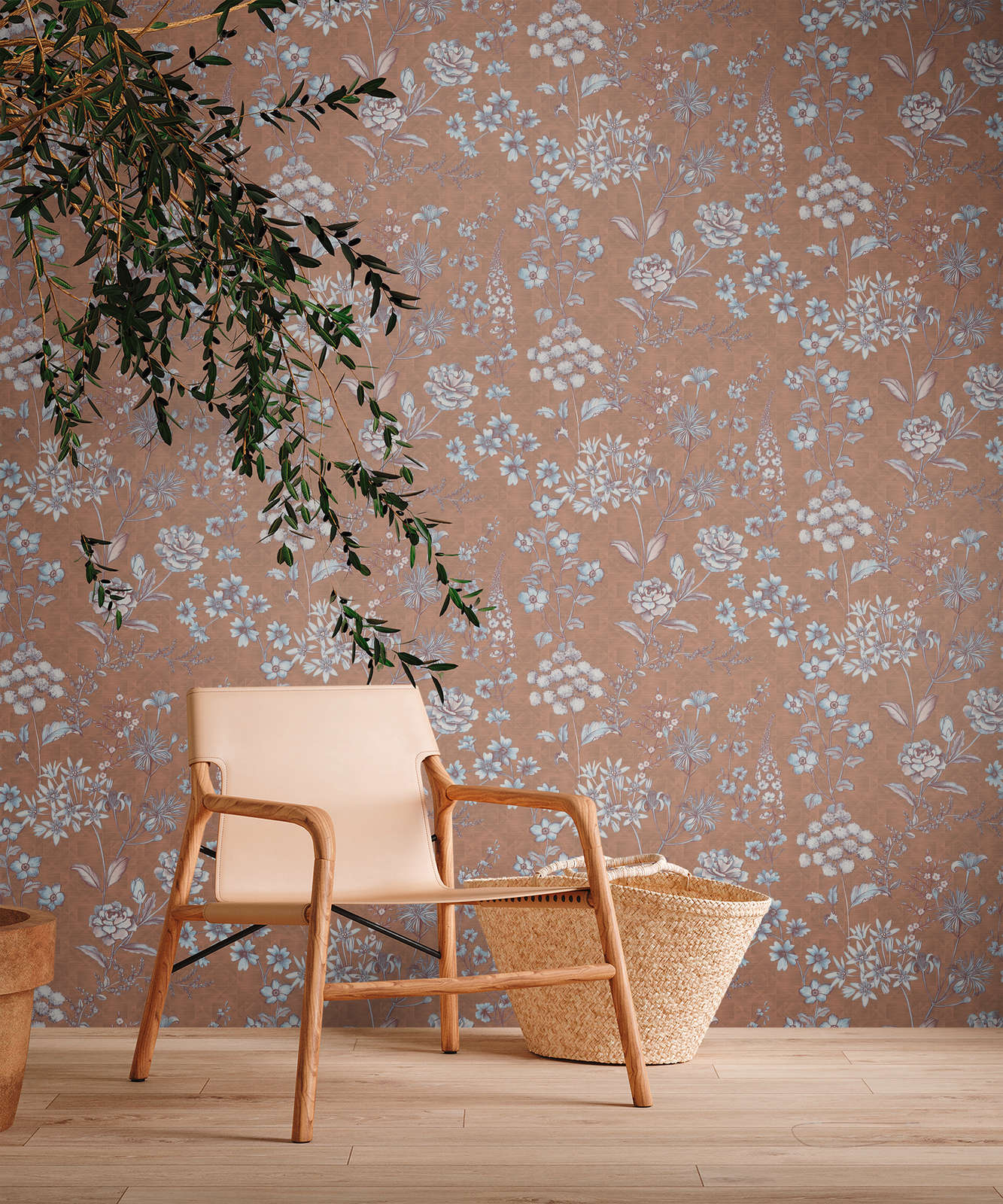             Vintage behang met bloemenpatroon - oranje, bruin, lichtblauw
        