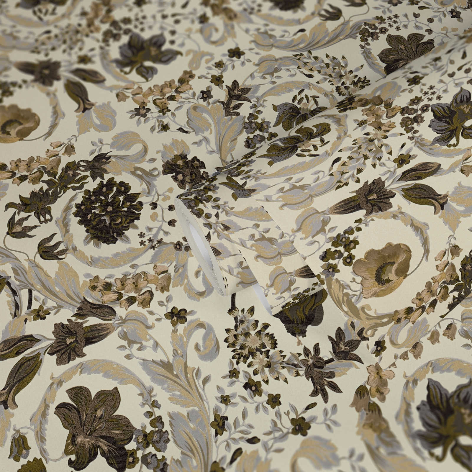             Florale Tapete VERSACE mit Ornamentmuster – Beige, Metallic
        