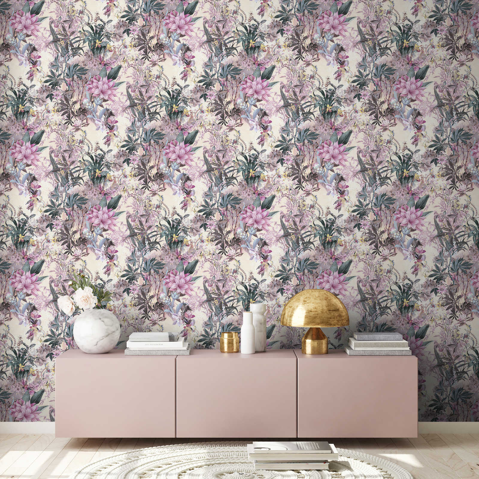             Blumentapete moderner Kolonialstil – Rosa, Grün
        