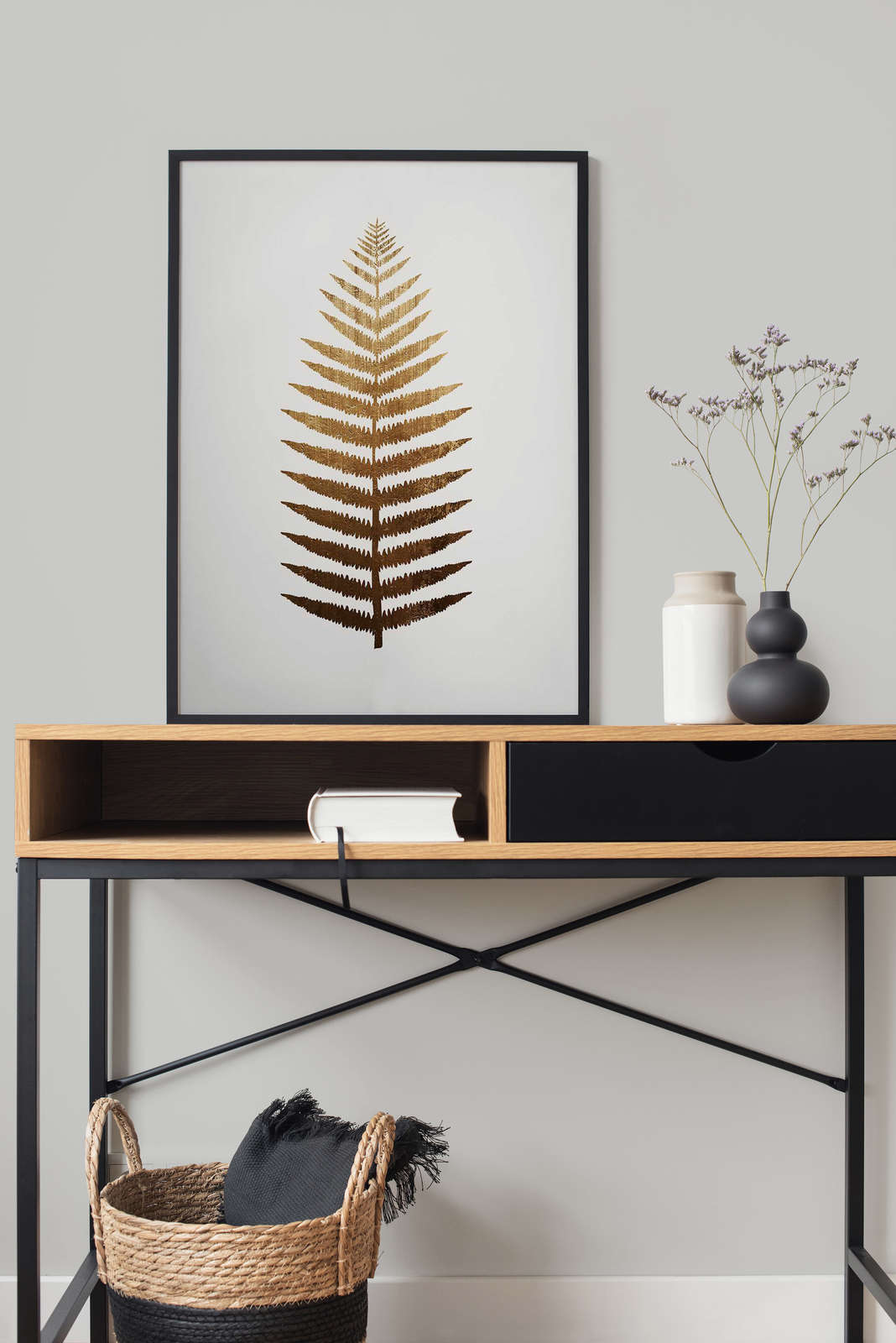 fern print, framed art, console table, decor vase, basket