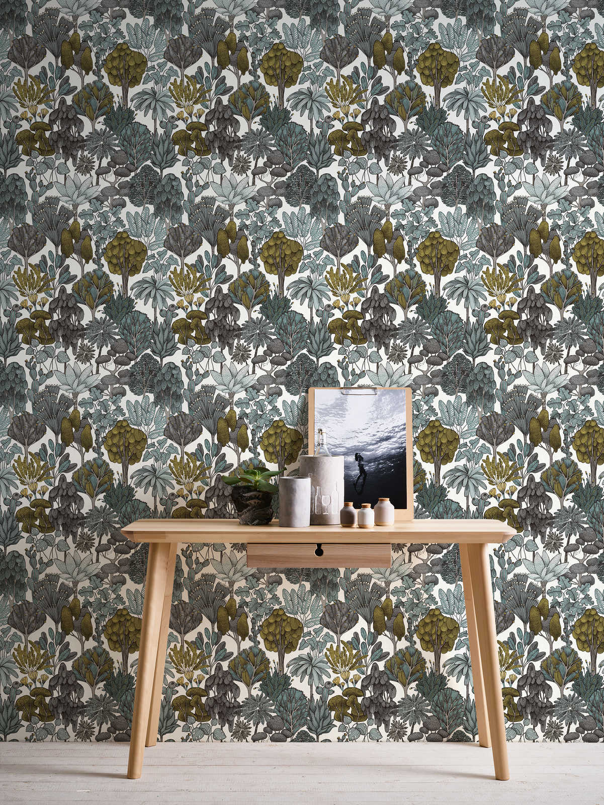             Tapete Grün Grau florales Muster im Doodle Stil – Grün, Grau, Gelb
        