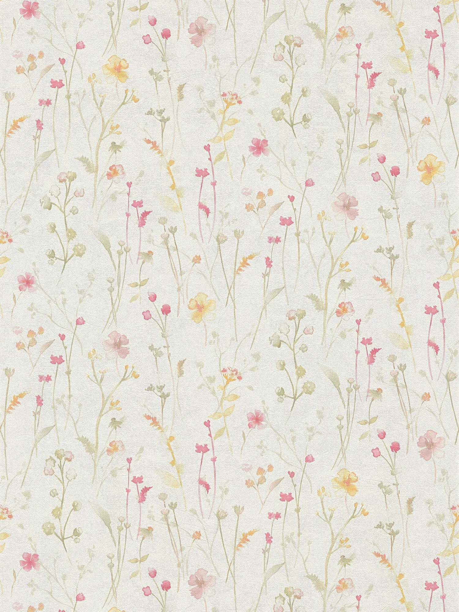Vliestapete mit zartem Blumenmuster leicht glänzend und sanft strukturiert – Grün, Grau, Rot