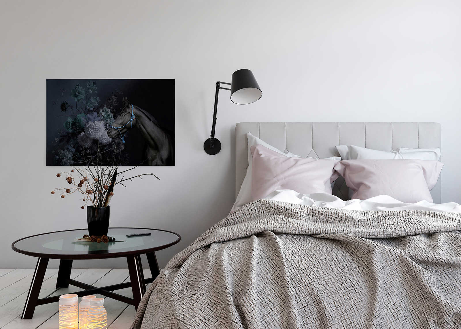 Pferde Leinwandbild im Portrait-Stil mit Blumen – 0,90 m x 0,60 m