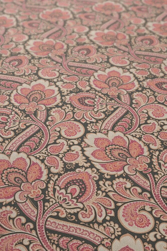             Ornament-Tapete textiles Retro Design – Rot, Orange, Schwarz
        