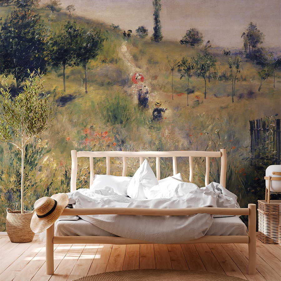 bett, wandtapete, landschaft, bettwäsche, holzbettrahmen