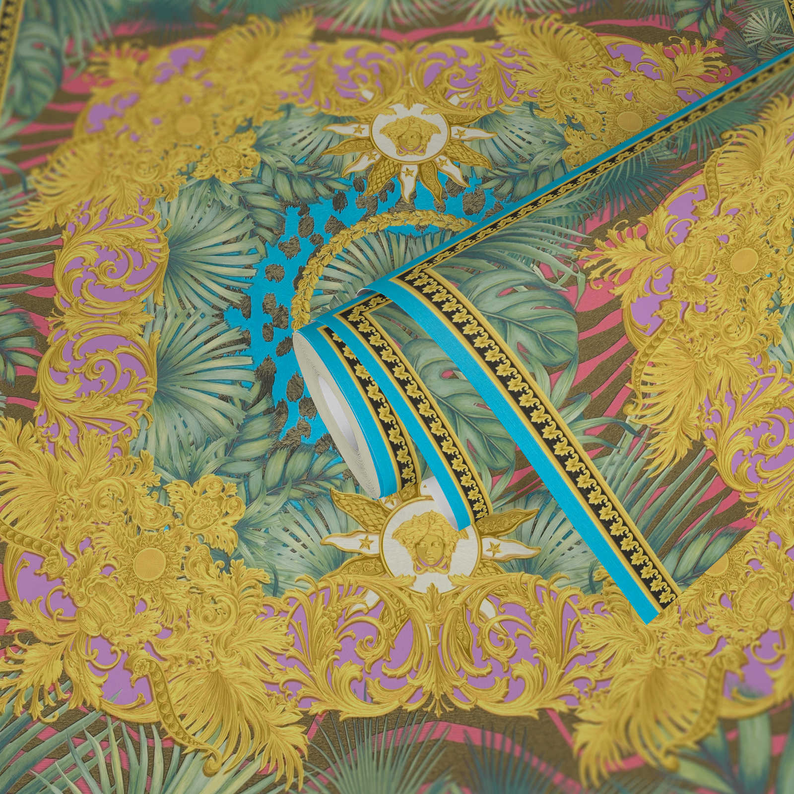 Colourful VERSACE wallpaper • gold ornament and jungle motif