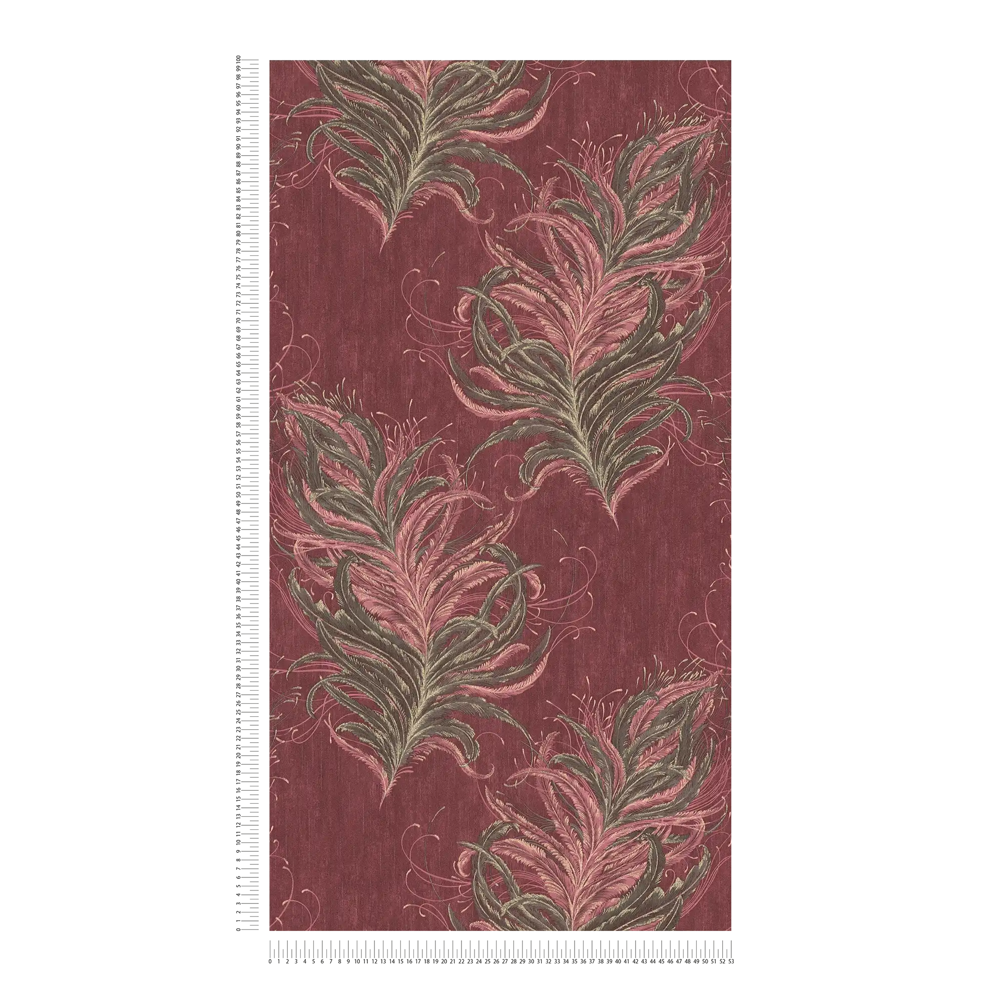             Rote Tapete mit Federn, Gold Design & Struktureffekt
        