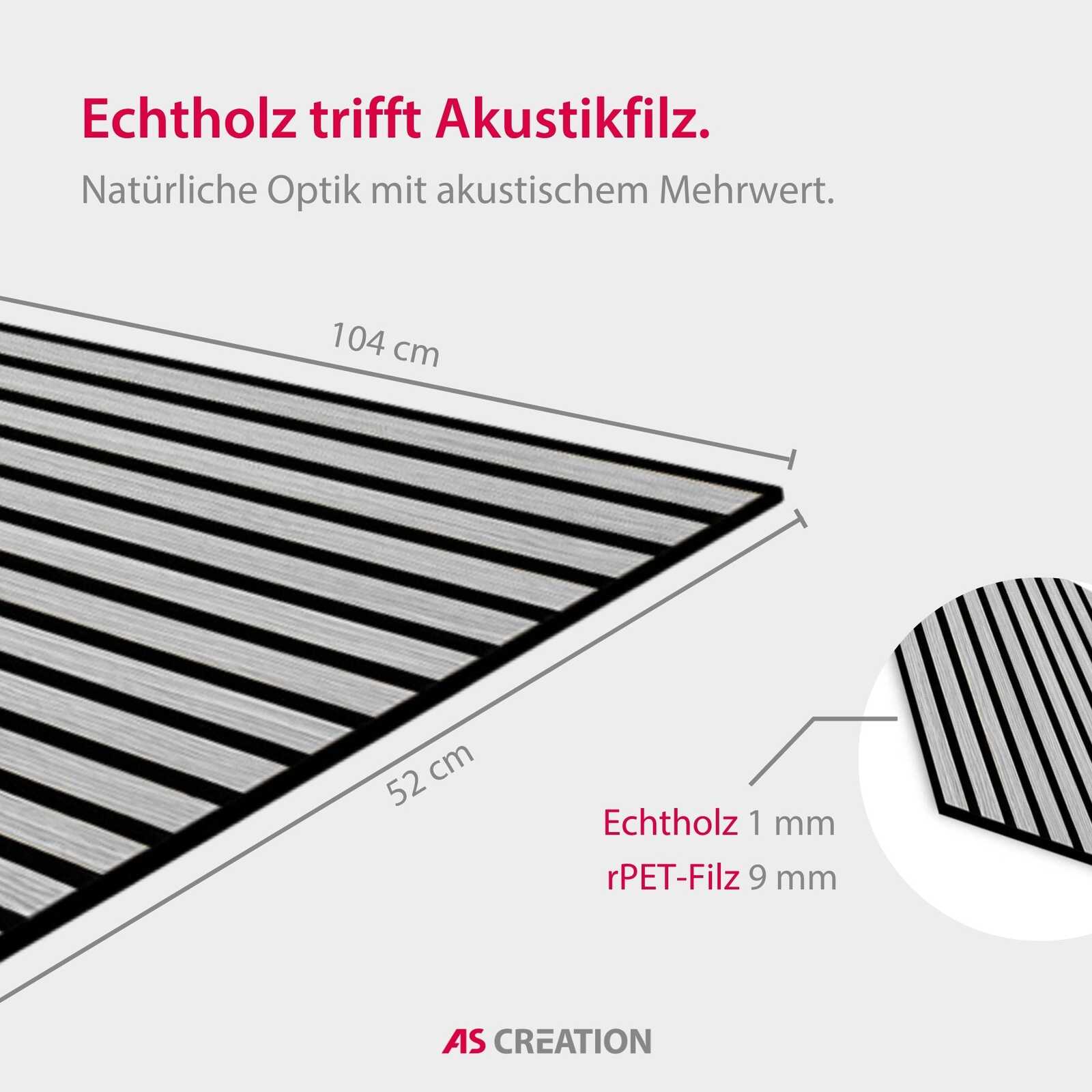 Echtholz, Akustikfilz, Holzplatte, Schwarz-Weiß Muster, Maßangaben 104 cm 52 cm