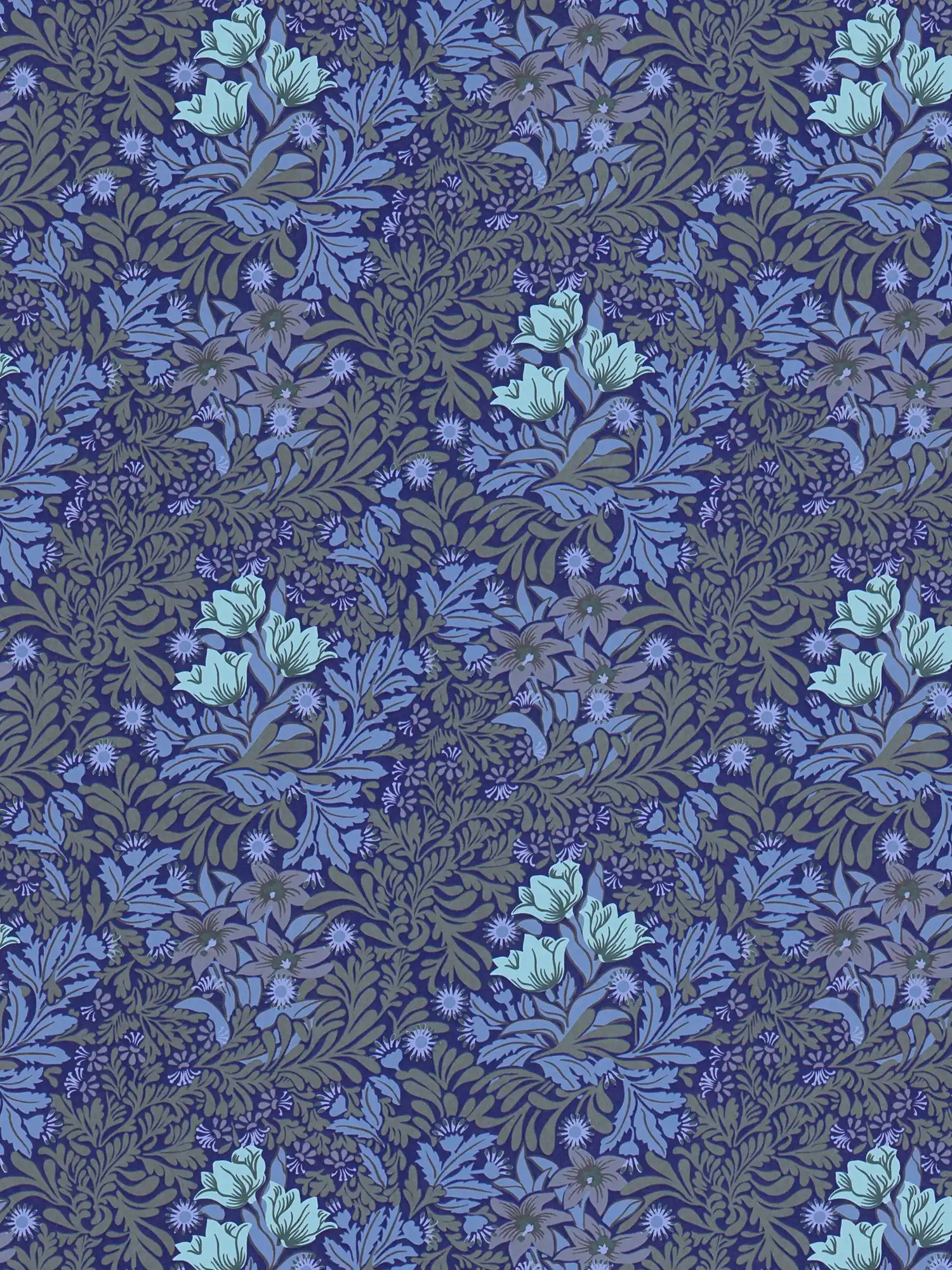         Floral Vliestapete mit Blätterranken und Blüten – Blau, Grau, Grün
    