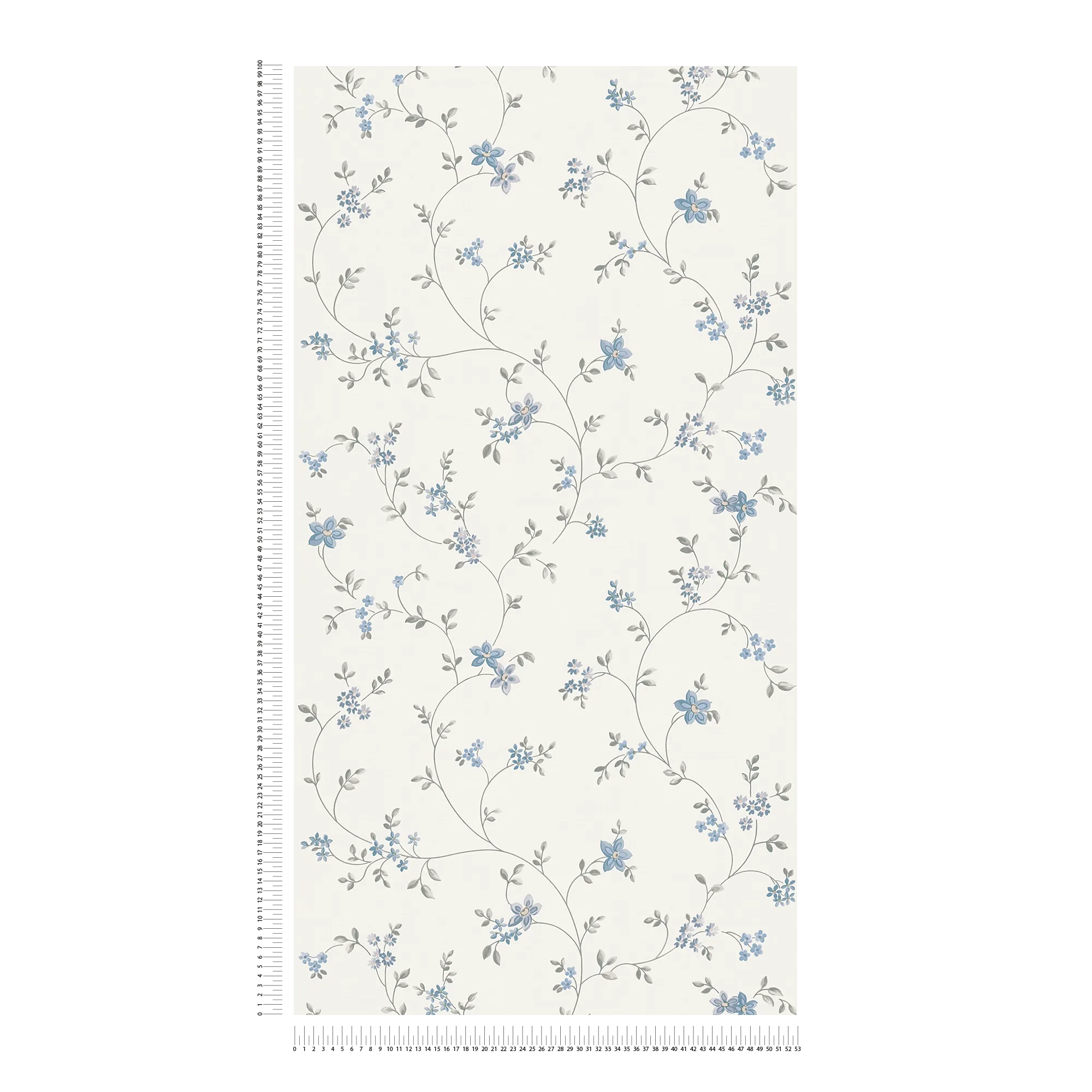             Vliestapete mit Blumenranken im Landhausstil – Creme, Grau, Blau
        