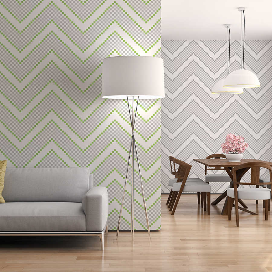 Wohnzimmer, Wandtapete, Chevron Muster, Grün grau, Esstischstuhl