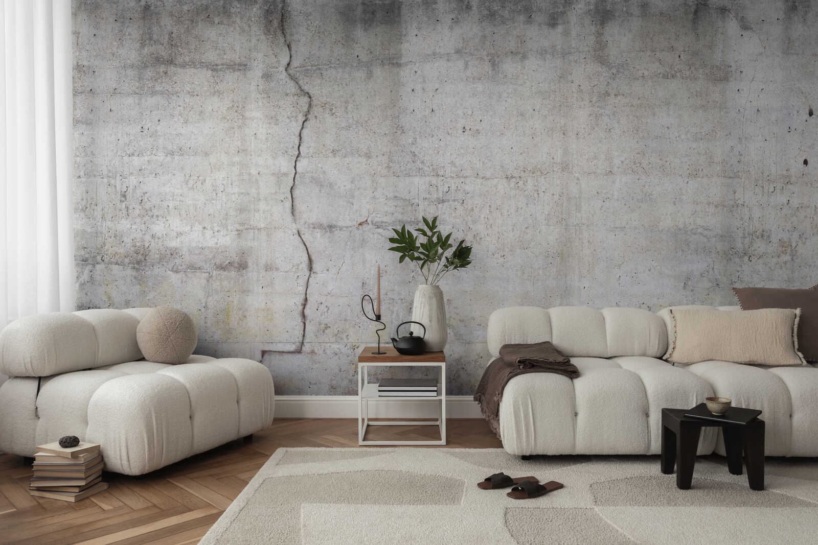 wohnzimmer, sofa, creme, konkrete wand, deko