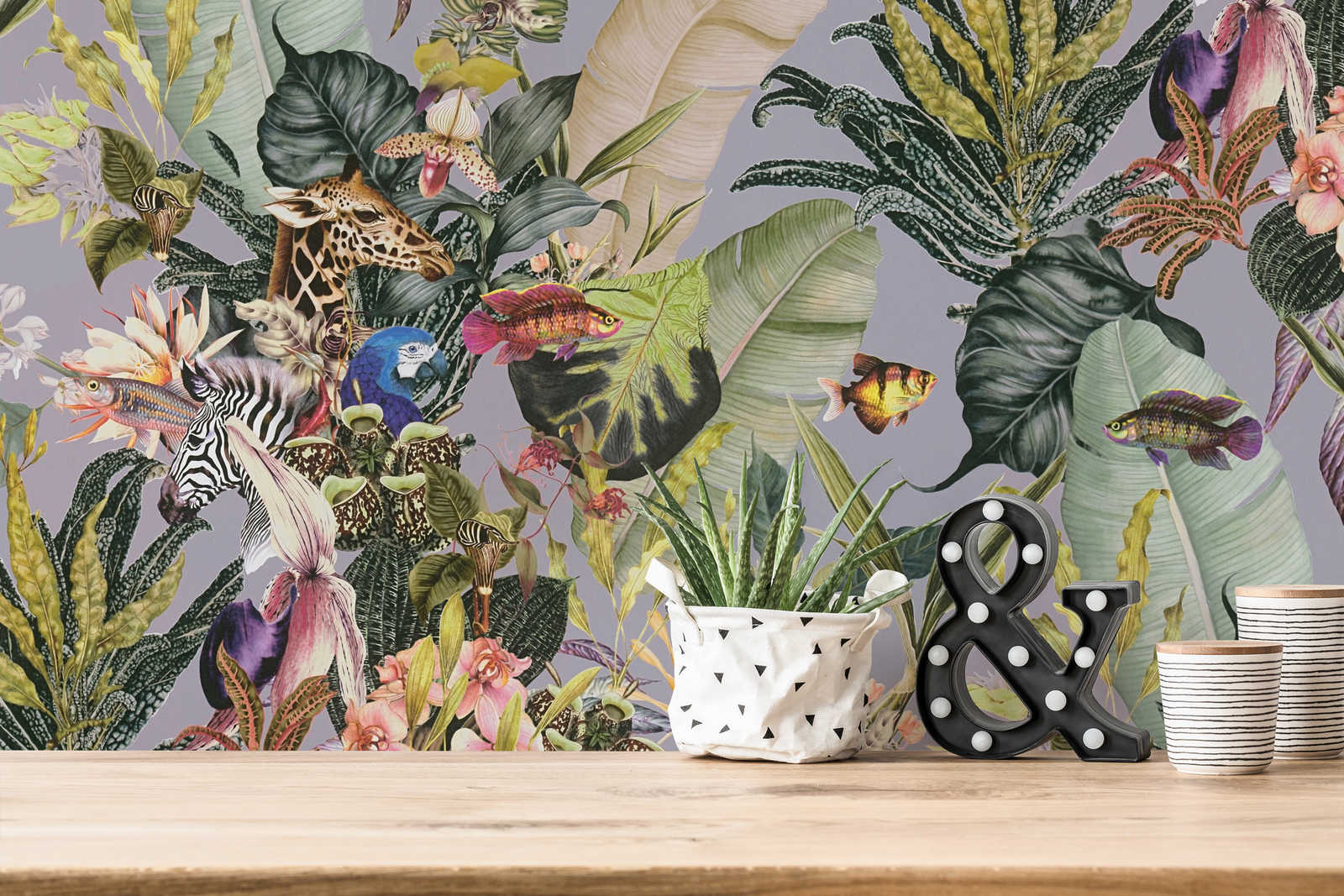 Natur Tapete mit Blumen &amp; Tieren – Grau, Grün